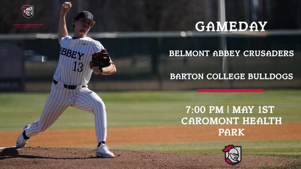 Come out to support your Belmont Abbey Crusaders as they take on the Barton College Bulldogs in Round 1 of the Conference Carolinas tournament!  

7:00 PM | May 1st | Caromont Health Park

#RaiseTheRed 🚩🚩