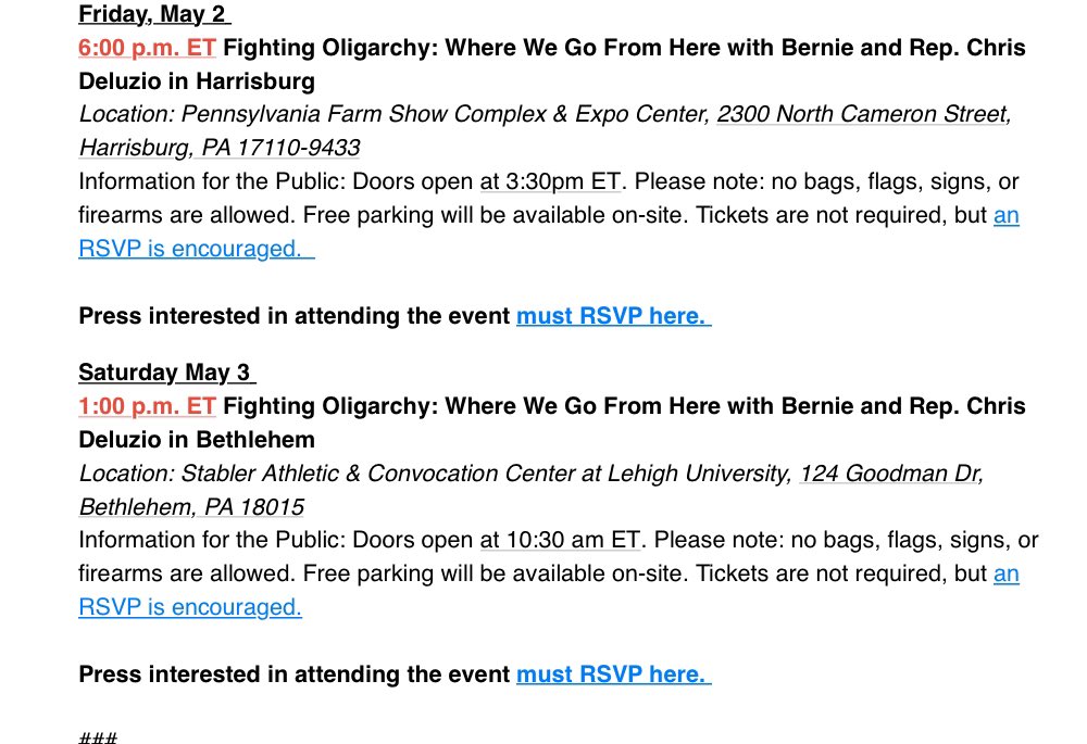 Edward-Isaac Dovere (@isaacdovere) on Twitter photo The Bernie Sanders press release is all about the musical guests heās drawing to his Pennsylvania rallies this weekend, but perhaps more notable is that heāll be joined twice by <a href="/RepDeluzio/">Congressman Chris Deluzio</a>: The Bernie Sanders press release is all about the musical guests heās drawing to his Pennsylvania rallies this weekend, but perhaps more notable is that heāll be joined twice by <a href="/RepDeluzio/">Congressman Chris Deluzio</a>: