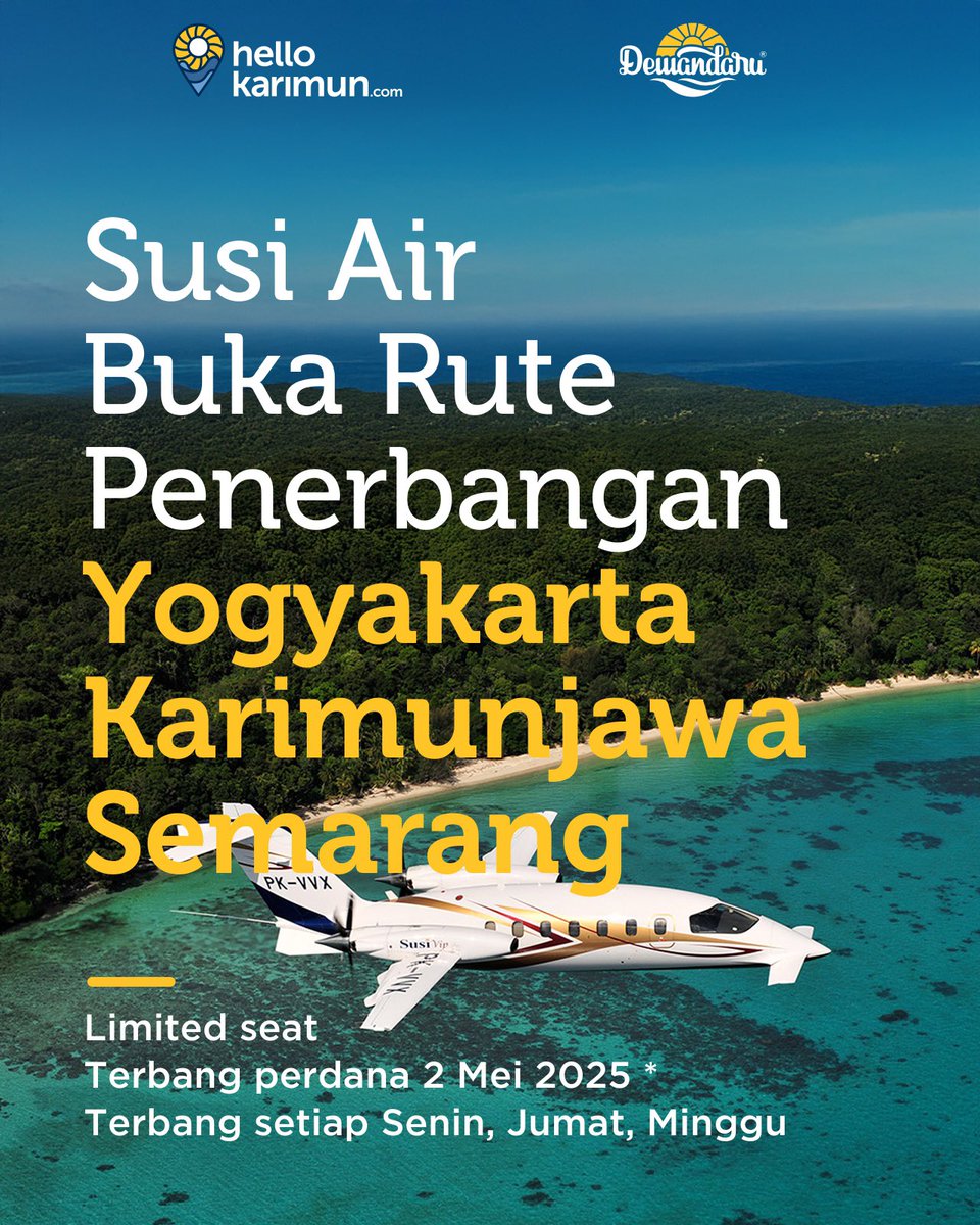 Susi Air Buka Rute Penerbangan Yogyakarta Karimunjawa Semarang Mei 2025

✈️👋🏻🤿🛍️
_
Punya jatah cuti yang gak kepakai?
HelloKarimun aja!

Tag pasangan kamu yang ingin diajak ke Karimunjawa.
_
#Dewandaru
#OlehOleh
#Karimunjawa
#HelloKarimun
#MampirDewandaru