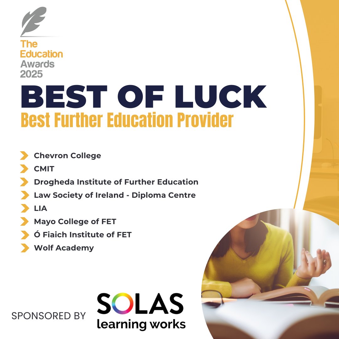 The team at SOLAS Skills to Advance initiative congratulates all the finalists of the Best Further Education Provider and Best Industry/Business - Academic Collaboration! 🎉

They’re thrilled to celebrate with the industry’s best on May 8th, 2025 at Crowne Plaza Hotel, Santry. 🏆