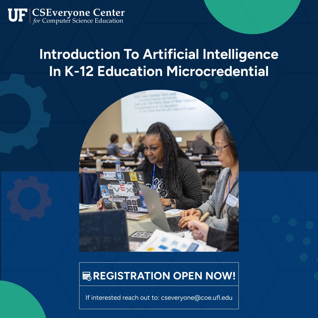 UF CS Everyone Center (@uf_cseveryone) on Twitter photo Friendly Reminder! The CS Everyone team is launching our Introduction to Artificial Intelligence in K-12 Education microcredential. Don’t miss this opportunity! Email cseveryone@coe.ufl.edu for details. #AI #AILiteracy #CSEducation #FutureLearning #Innovation #K12 Friendly Reminder! The CS Everyone team is launching our Introduction to Artificial Intelligence in K-12 Education microcredential. Don’t miss this opportunity! Email cseveryone@coe.ufl.edu for details. #AI #AILiteracy #CSEducation #FutureLearning #Innovation #K12