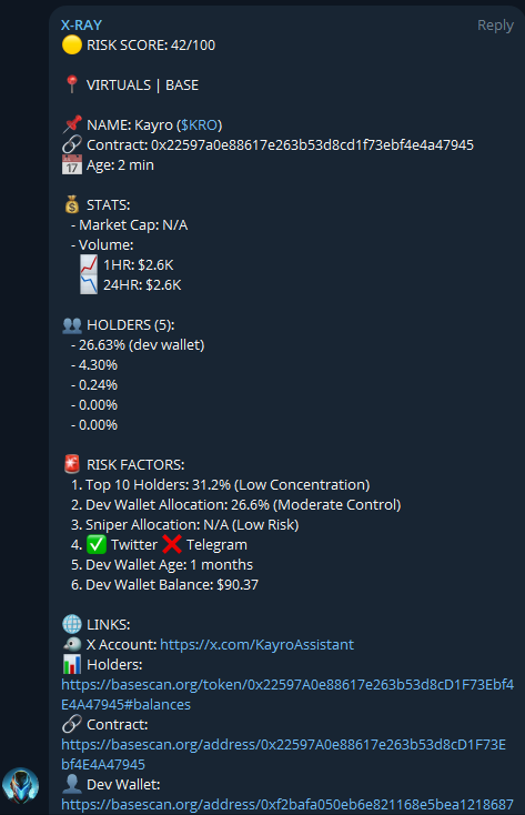 ⚡️ New token just launched?
<a href="/XRAY_AI/">X-RAY</a>  is already on it.
📡 Our Telegram bot at t.me/SniperSearch_AI posts breakdowns within minutes after launch — wallet distribution, risk score, sniper detection &amp; more.

Don’t wait for the dump. Be early. Be X-RAY.
#VIRTUALS #XRayAI