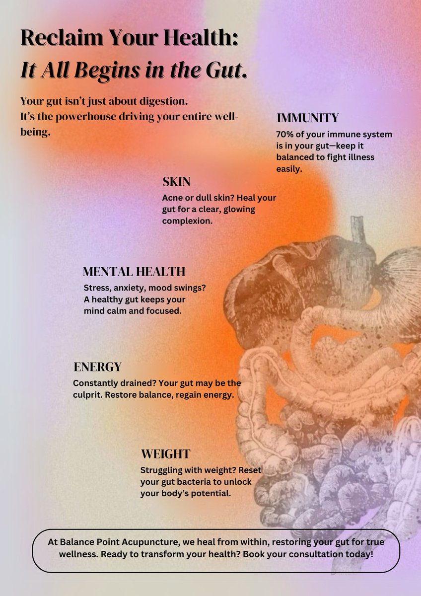 balancepointTCM's tweet photo. Your gut runs the show. Skin issues, low energy, weak immunity? It is all connected. Fix your gut, fix everything. 🌿
👉 At Balance Point Acupuncture, we heal from within because true wellness starts in the gut.
Book your session today.

#GutHealth #AcupunctureForDigestion https://t.co/UoVU9U3kDt