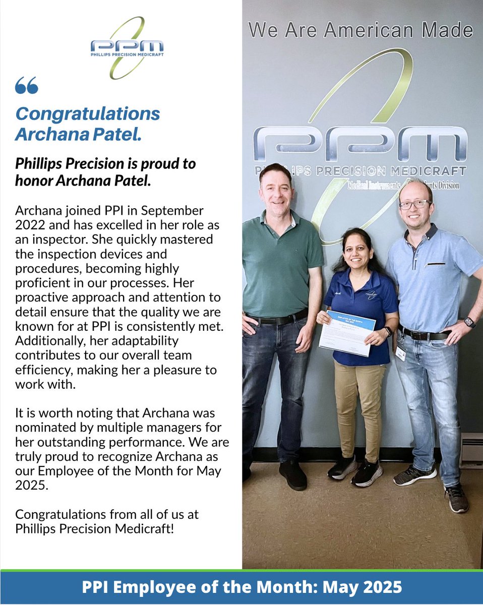 Phillips Precision is proud to honor Archana Patel with our Employee of the Month Award for May 2025! We are pleased to recognize her proactive approach, attention to detail, &amp; adaptability, all of which significantly contribute to our team's overall efficiency. Congratulations!