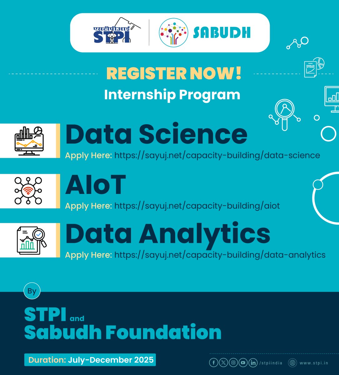 STPI (@stpiindia) on Twitter photo Exciting Opportunity Alert!🚨
STPI and <a href="/SabudhF/">Sabudh Foundation</a>, present a cost-free, six-month internship/training program in Data Science, AIoT, and Data Analytics — designed to equip aspiring professionals with in-demand skills for the tech industry!
📅 Program Duration: July – December Exciting Opportunity Alert!🚨
STPI and <a href="/SabudhF/">Sabudh Foundation</a>, present a cost-free, six-month internship/training program in Data Science, AIoT, and Data Analytics — designed to equip aspiring professionals with in-demand skills for the tech industry!
📅 Program Duration: July – December