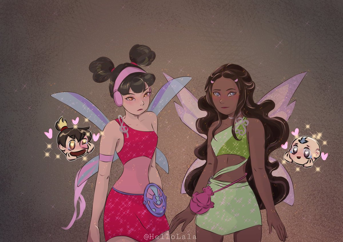 hellolalaArt's tweet photo. Mai &amp; Katara as Musa &amp; Aisha (Winx Club mode) ✨️🧚‍♂️🧚‍♀️✨

“This was not in the mission brief.”
They’ve been tricked.
Meanwhile, Zuko &amp; Aang are fully enchanted 😍🥰✨️

(Toph or Sokka definitely planned this.)
#ATLA #WinxClub #Fanart #Mai #Katara #Aang #Zuko https://t.co/MvwkUXv1m4