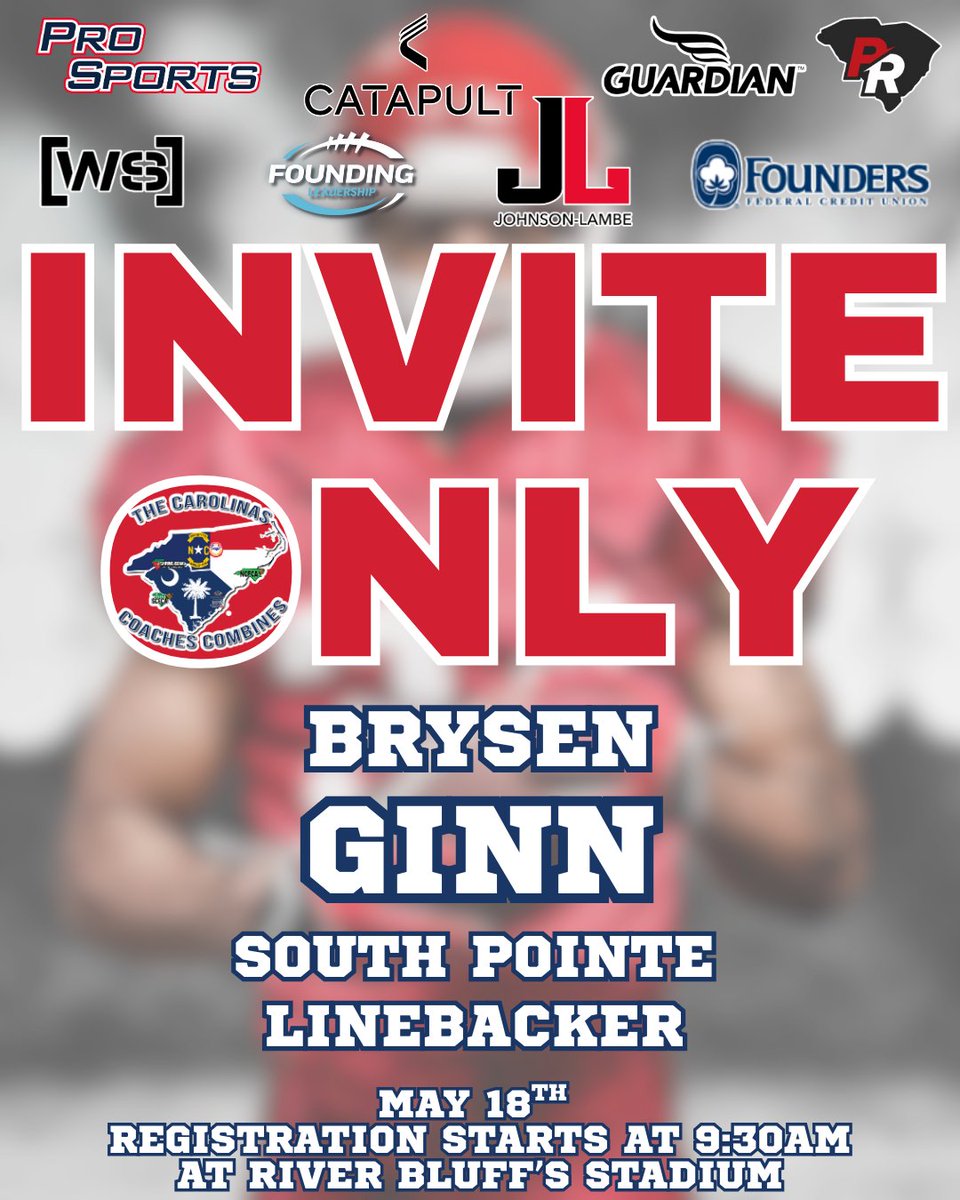 Carolinas Coaches Combine (@coachescombines) on Twitter photo Congratulations to Brysen Ginn from <a href="/FootballSPHS/">South Pointe Football</a> for being selected to attend the Invite-Only Event on May 18 at River Bluff High School! Registration begins at 9:30 AM!
#CCC2025 @johnsonlambe <a href="/SCFCA1/">SCFCA</a> <a href="/BrysenGinn/">Brysen Ginn- LB/Edge #33</a> <a href="/southpointeFBSC/">Coach Bobby Collins</a> Congratulations to Brysen Ginn from <a href="/FootballSPHS/">South Pointe Football</a> for being selected to attend the Invite-Only Event on May 18 at River Bluff High School! Registration begins at 9:30 AM!
#CCC2025 @johnsonlambe <a href="/SCFCA1/">SCFCA</a> <a href="/BrysenGinn/">Brysen Ginn- LB/Edge #33</a> <a href="/southpointeFBSC/">Coach Bobby Collins</a>