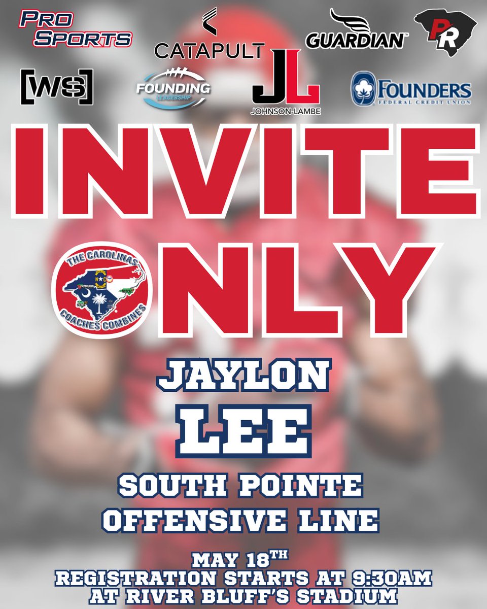 Carolinas Coaches Combine (@coachescombines) on Twitter photo Congratulations to Jaylon Lee from <a href="/FootballSPHS/">South Pointe Football</a> for being selected to attend the Invite-Only Event on May 18 at River Bluff High School! Registration begins at 9:30 AM!
#CCC2025 @johnsonlambe <a href="/SCFCA1/">SCFCA</a> <a href="/southpointeFBSC/">Coach Bobby Collins</a> Congratulations to Jaylon Lee from <a href="/FootballSPHS/">South Pointe Football</a> for being selected to attend the Invite-Only Event on May 18 at River Bluff High School! Registration begins at 9:30 AM!
#CCC2025 @johnsonlambe <a href="/SCFCA1/">SCFCA</a> <a href="/southpointeFBSC/">Coach Bobby Collins</a>