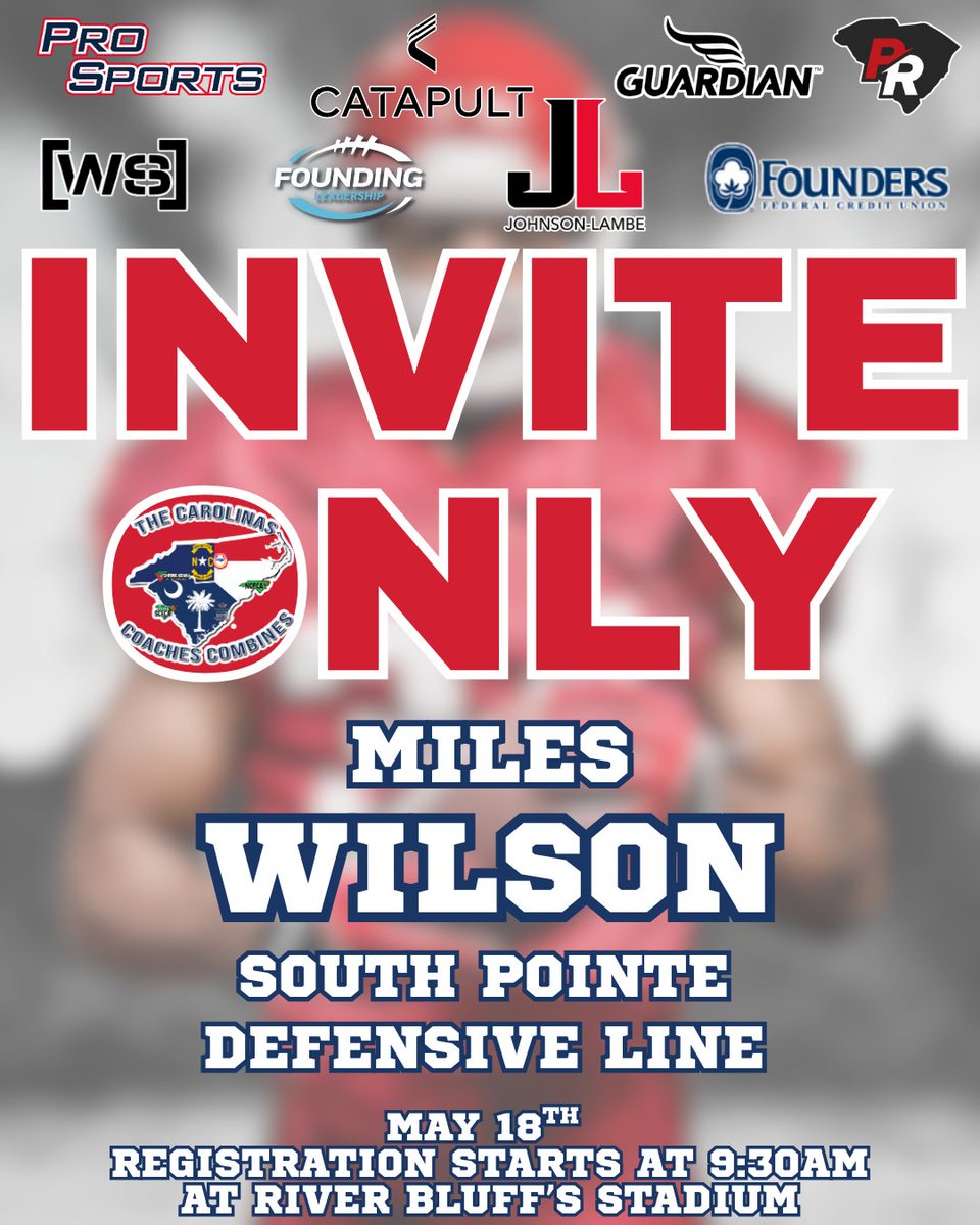 Carolinas Coaches Combine (@coachescombines) on Twitter photo Congratulations to Miles Wilson from <a href="/FootballSPHS/">South Pointe Football</a> for being selected to attend the Invite-Only Event on May 18 at River Bluff High School! Registration begins at 9:30 AM!
#CCC2025 @johnsonlambe <a href="/SCFCA1/">SCFCA</a> <a href="/MilesWilson94/">Miles Wilson</a> <a href="/southpointeFBSC/">Coach Bobby Collins</a> Congratulations to Miles Wilson from <a href="/FootballSPHS/">South Pointe Football</a> for being selected to attend the Invite-Only Event on May 18 at River Bluff High School! Registration begins at 9:30 AM!
#CCC2025 @johnsonlambe <a href="/SCFCA1/">SCFCA</a> <a href="/MilesWilson94/">Miles Wilson</a> <a href="/southpointeFBSC/">Coach Bobby Collins</a>