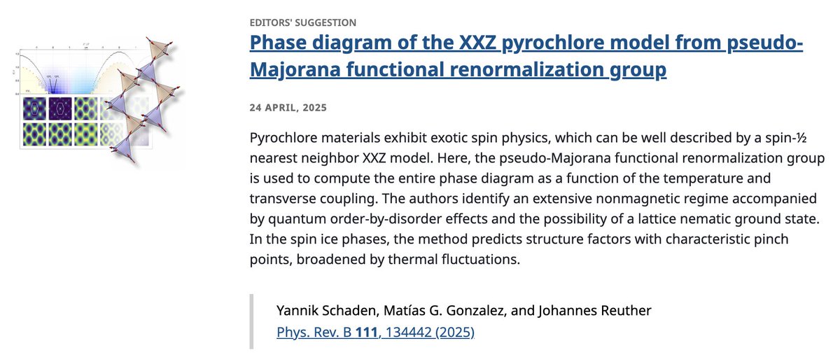PhysRevB's tweet image. PRB Editors&apos; Suggestion: Phase diagram of the XXZ #pyrochlore model from pseudo-#Majorana #FunctionalRenormalizationGroup

Y. Schaden, M. G. Gonzalez, and J. Reuther
Phys. Rev. B 111, 134442

➡️ go.aps.org/4cMeyNI
#OpenAccess #EdSugg @APSPhysics #condmat #physics