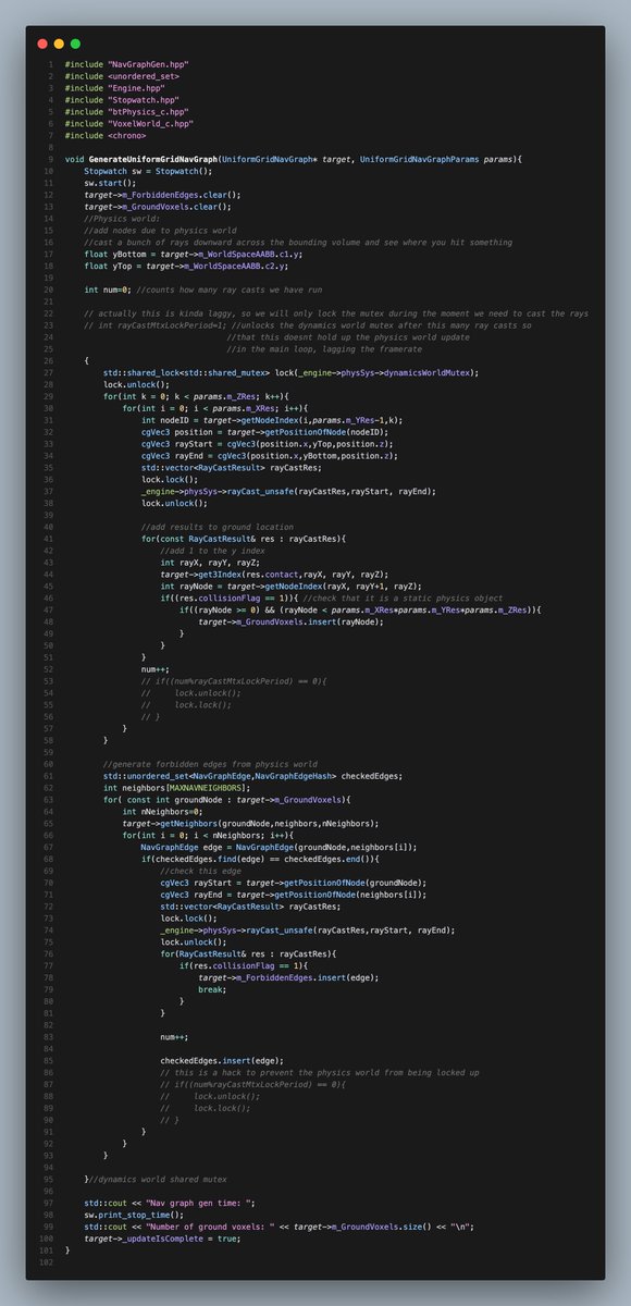 ccallac7's tweet photo. Generating the nav-mesh in my C++ game engine:

Raycast down over a grid to find valid points that touch the ground (groundVoxels)

Raycast between each groundVoxel to find blocked paths

Optimize by:

- Multithread

- Only update part of the mesh when a collider is moved/added https://t.co/hJO5Ww8fmf