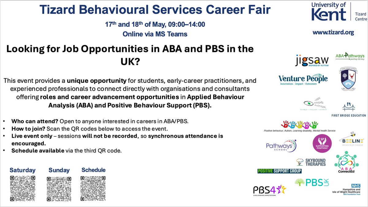 We are hosting an online event for individuals interested in job opportunities in Applied Behaviour Analysis (ABA) and Positive Behaviour Support (PBS) across the UK. A range of UK-based organisations will be presenting. Scan the QR codes to register your place.