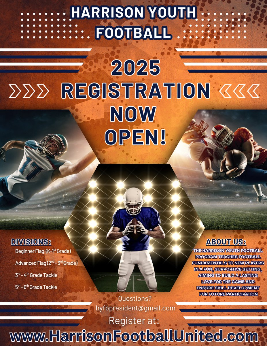 Harrison Youth Football (@harrisonyouthfb) on Twitter photo Registration for our 2025 season is open! Come be a part of the premier youth football program in the Lafayette area. You don't have to be within the Tippecanoe School Corp borders to play!
harrisonfootballunited.com to register now!
<a href="/HHS_Raider_FB/">HHS Raider Football</a> | <a href="/Coach_H_HHS/">Kyle Holderfield</a> | <a href="/RaiderUpdates/">Jerry Galema</a> Registration for our 2025 season is open! Come be a part of the premier youth football program in the Lafayette area. You don't have to be within the Tippecanoe School Corp borders to play!
harrisonfootballunited.com to register now!
<a href="/HHS_Raider_FB/">HHS Raider Football</a> | <a href="/Coach_H_HHS/">Kyle Holderfield</a> | <a href="/RaiderUpdates/">Jerry Galema</a>