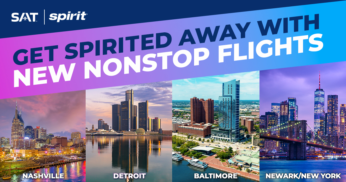 San Antonio International Airport (@satairport) on Twitter photo Summer is calling & you're just one flight away from your next adventure. ☀️😎 Starting in May, we have the following nonstop routes launching with <a href="/SpiritAirlines/">Spirit Airlines</a>:
✈️Nashville launching May 8
✈️Newark/New York resuming May 8
✈️Detroit launching May 9
✈️Baltimore resuming May 9 Summer is calling & you're just one flight away from your next adventure. ☀️😎 Starting in May, we have the following nonstop routes launching with <a href="/SpiritAirlines/">Spirit Airlines</a>:
✈️Nashville launching May 8
✈️Newark/New York resuming May 8
✈️Detroit launching May 9
✈️Baltimore resuming May 9