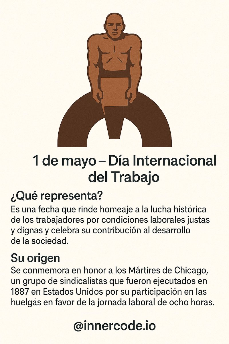 innercode_io's tweet image. Hoy es un día para recordar la lucha por condiciones laborales dignas. Conmemoramos a los Mártires de Chicago, sindicalistas que en 1887 dieron su vida por algo que hoy consideramos básico: la jornada laboral de ocho horas.
#DíaDelTrabajo #1DeMayo #TrabajoDigno #MartiresDeChicago