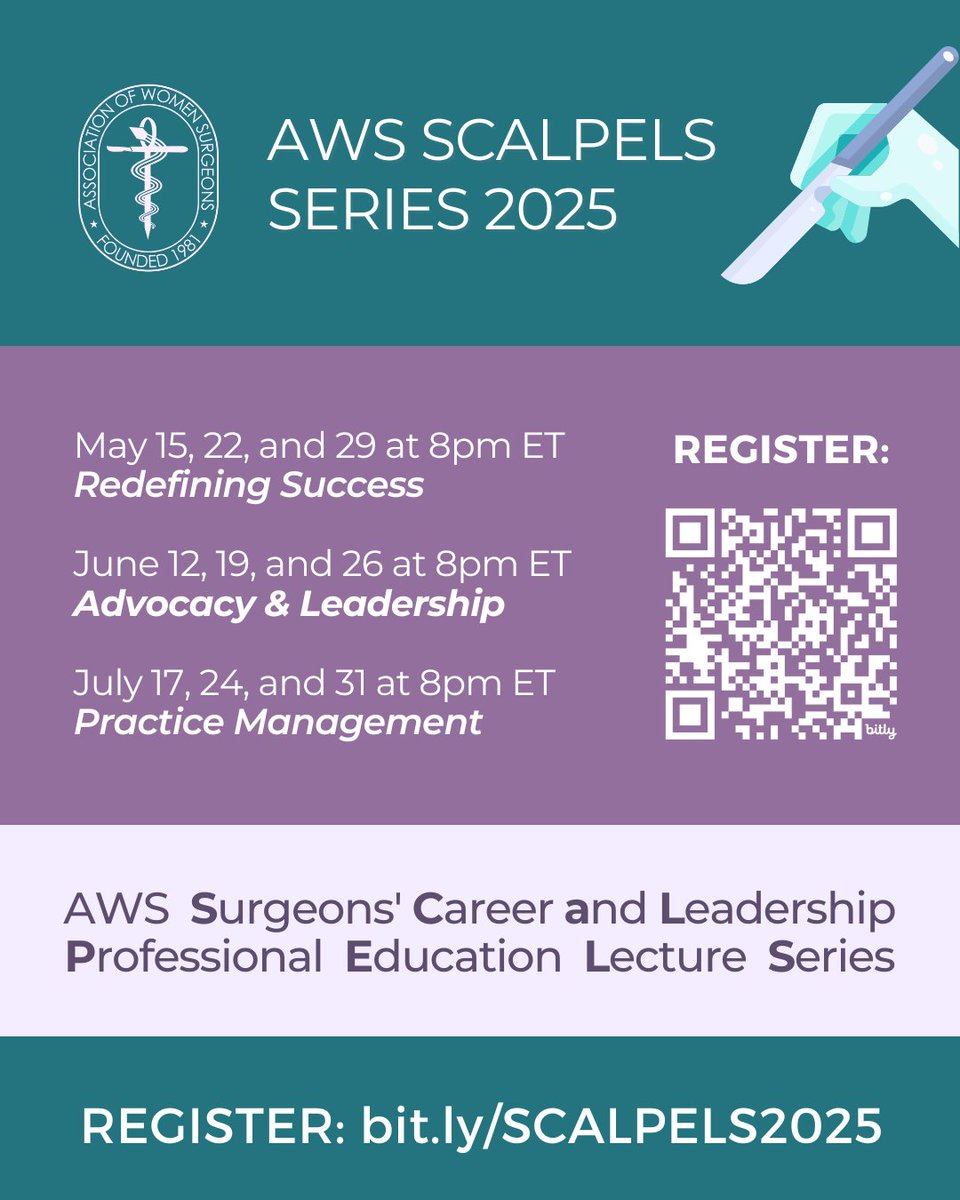 Sharpen your leadership skills with the 2025 AWS SCALPELS Series—a virtual summer program on career growth, advocacy &amp; practice management for women surgeons. Thursdays @ 8PM ET, May–July.   

REGISTER: bit.ly/SCALPELS2025 

#WomenInSurgery #SCALPELS
