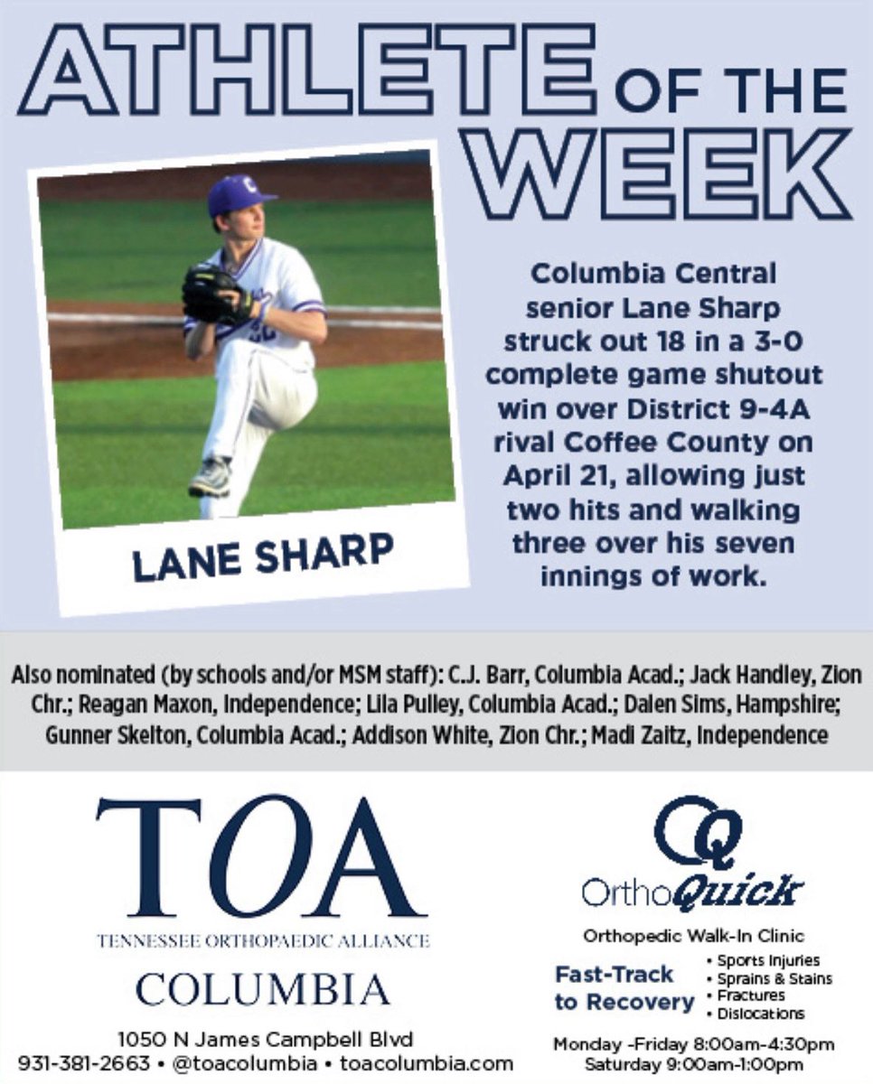 Maurice Patton (@mopatton_sports) on Twitter photo Columbia Central senior Lane Sharp is the <a href="/MainStreetMaury/">Main Street Maury</a> <a href="/tennessee_ortho/">TN Orthopaedic</a> Athlete of the Week for April 21-27 … <a href="/LaneSharp22/">Lane Sharp</a> <a href="/DSymlar_2/">Devin Symlar</a> <a href="/TBCAorg/">Tennessee Baseball Coaches Association</a> <a href="/MainStreetPreps/">Main Street Preps</a> <a href="/MS_SportsToday/">Main Street Sports Today</a> Columbia Central senior Lane Sharp is the <a href="/MainStreetMaury/">Main Street Maury</a> <a href="/tennessee_ortho/">TN Orthopaedic</a> Athlete of the Week for April 21-27 … <a href="/LaneSharp22/">Lane Sharp</a> <a href="/DSymlar_2/">Devin Symlar</a> <a href="/TBCAorg/">Tennessee Baseball Coaches Association</a> <a href="/MainStreetPreps/">Main Street Preps</a> <a href="/MS_SportsToday/">Main Street Sports Today</a>
