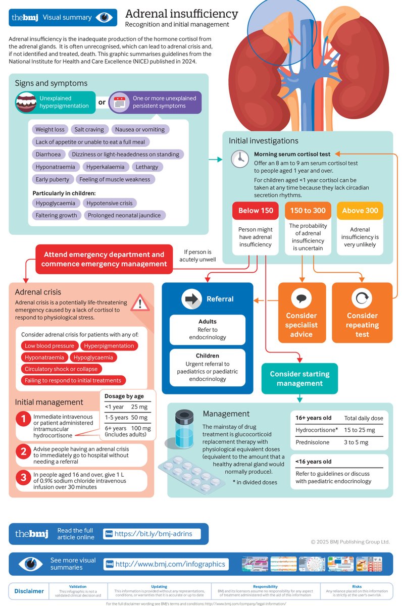 This article summarises newly published guidelines from NICE, covering who is at risk of adrenal insufficiency, how to test for it, and how to manage a life threatening adrenal crisis promptly. 

Includes a #BMJInfographic providing a visual summary
bmj.com/content/389/bm…