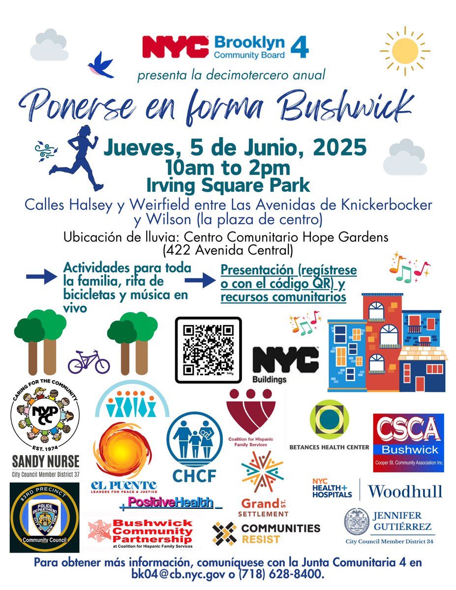 Shape-Up Bushwick is back for the 13th year! Sunshine or rain, we will be celebrating a healthy Bushwick. We hope to enjoy the day in Irving Square Park, although we've secured a rain location in the Hope Gardens Community Center (422 Central Avenue) just in case. See you there!