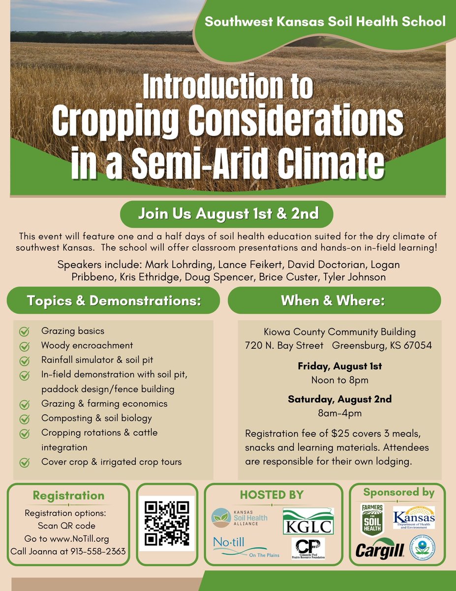 Registration is open for the Southwest Kansas Soil Health School, August 1-2, 2025.
*** Space is limited to 40 people, and we expect this to fill up! ***
Registration link at ==&gt;form.jotform.com/243405319415048
This will be an action-packed 2 days of hands-on learning!
There is a block of