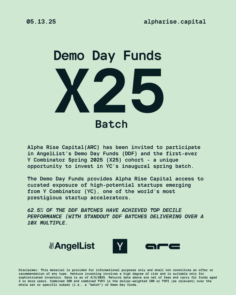 alpharisecap's tweet photo. ARC is honored to join AngelList’s Demo Day Funds &amp; YC Spring ’25 cohort. Looking forward to  to dive into top startups with YC alumni! #DemoDayFunds #YCSpring2025 @AngelList @ycombinator https://t.co/C9NaPEnoM8