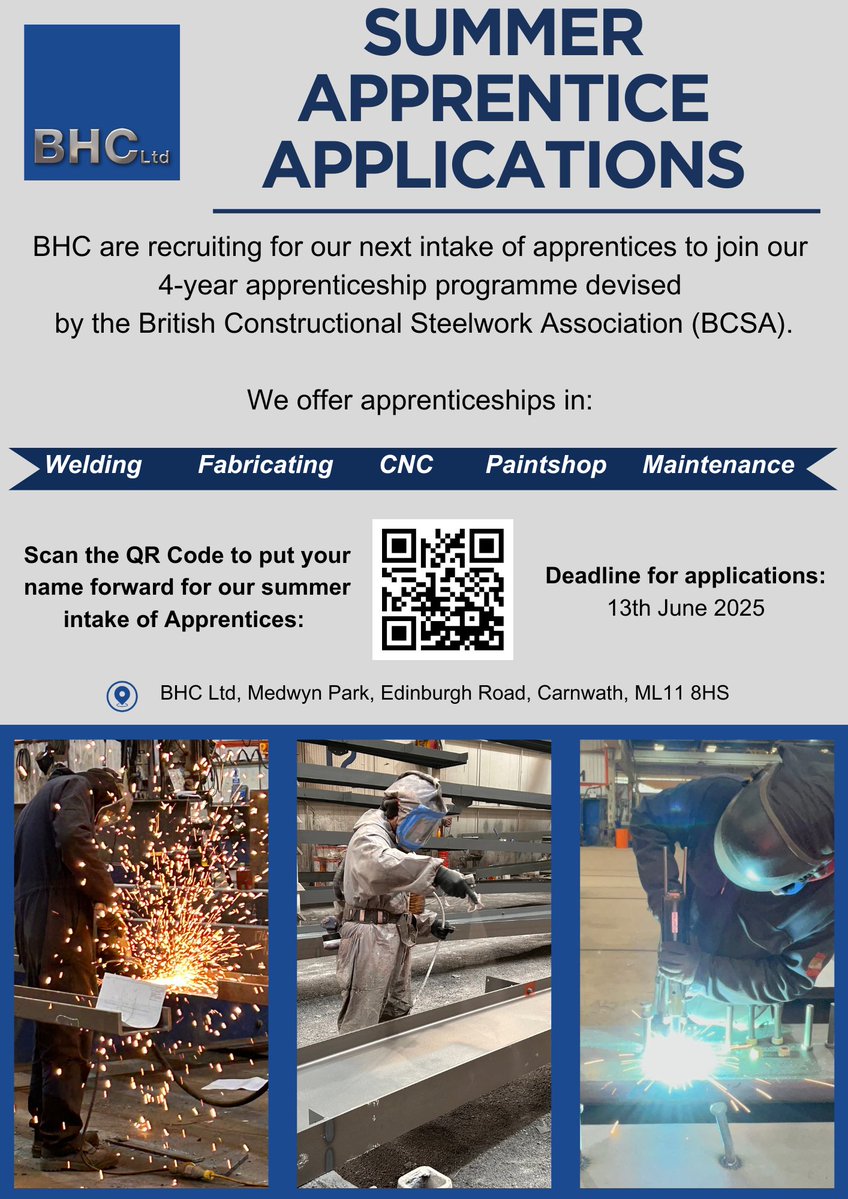 ☀️ Summer Apprentice Intake ☀️

We are now accepting applications for our Summer Apprentice Intake👷‍♂️👷‍♀️
If you or someone you know is interested in one of our apprenticeships available this year, apply via the QR code or click the link in our bio!🔗
#BHCltd #apprenticeintake