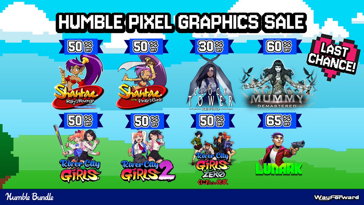WayForward's tweet image. These @Humble deals are about to end! Save 30-65% on WayForward pixel-art goodness including multiple Shantae titles, the River City Girls series, LUNARK, Clock Tower: Rewind, and The Mummy Demastered! humblebundle.com/store/search?s…