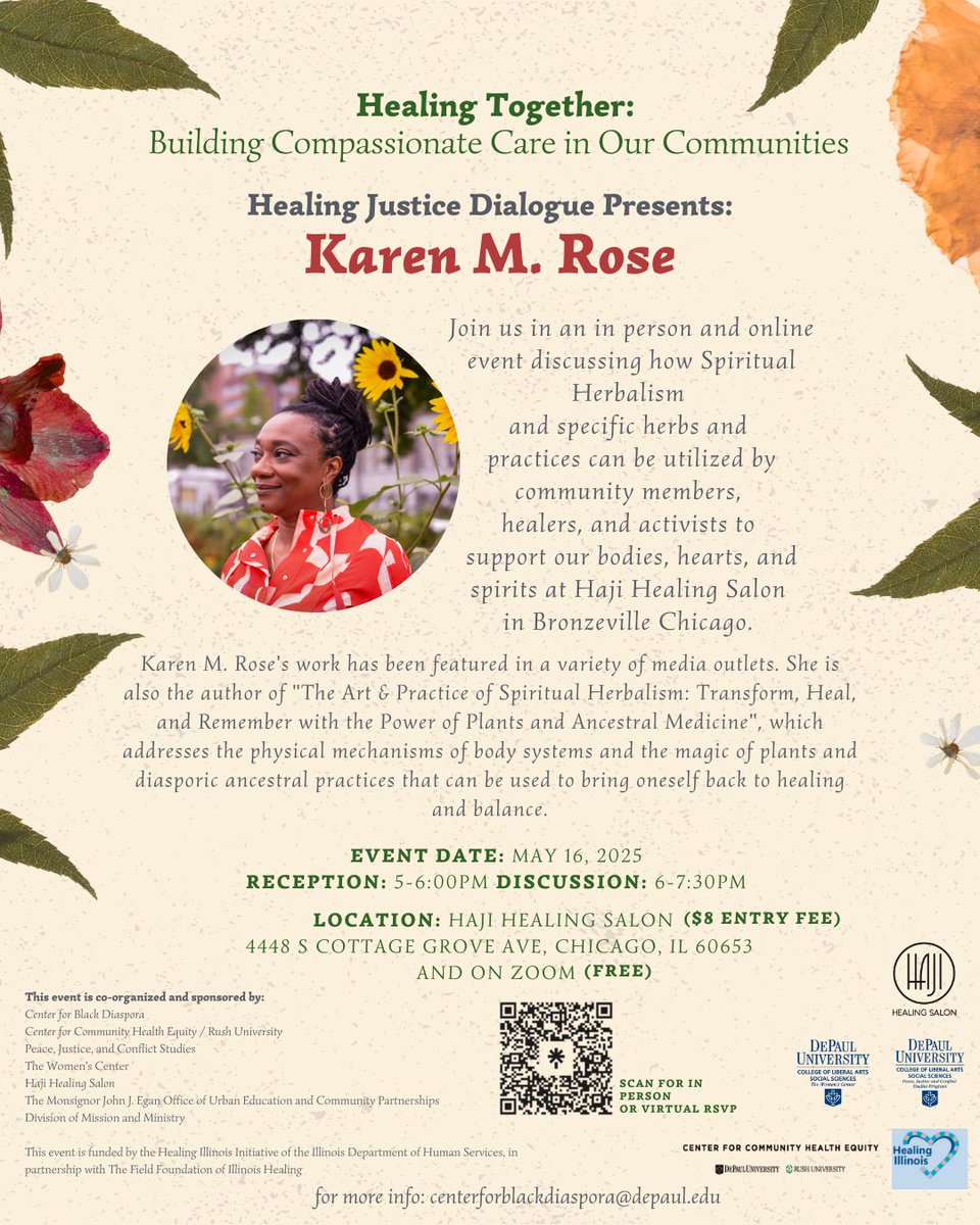 Join us in dialogue with spiritual herbalist Karen M. Rose at Haji Healing Salon in Bronzeville 🌸 🌱

Discover how herbalism and ancestral practices can nourish our bodies, hearts, and spirits 🤲🏾

Registration for Zoom/in-person can be found in our bio!