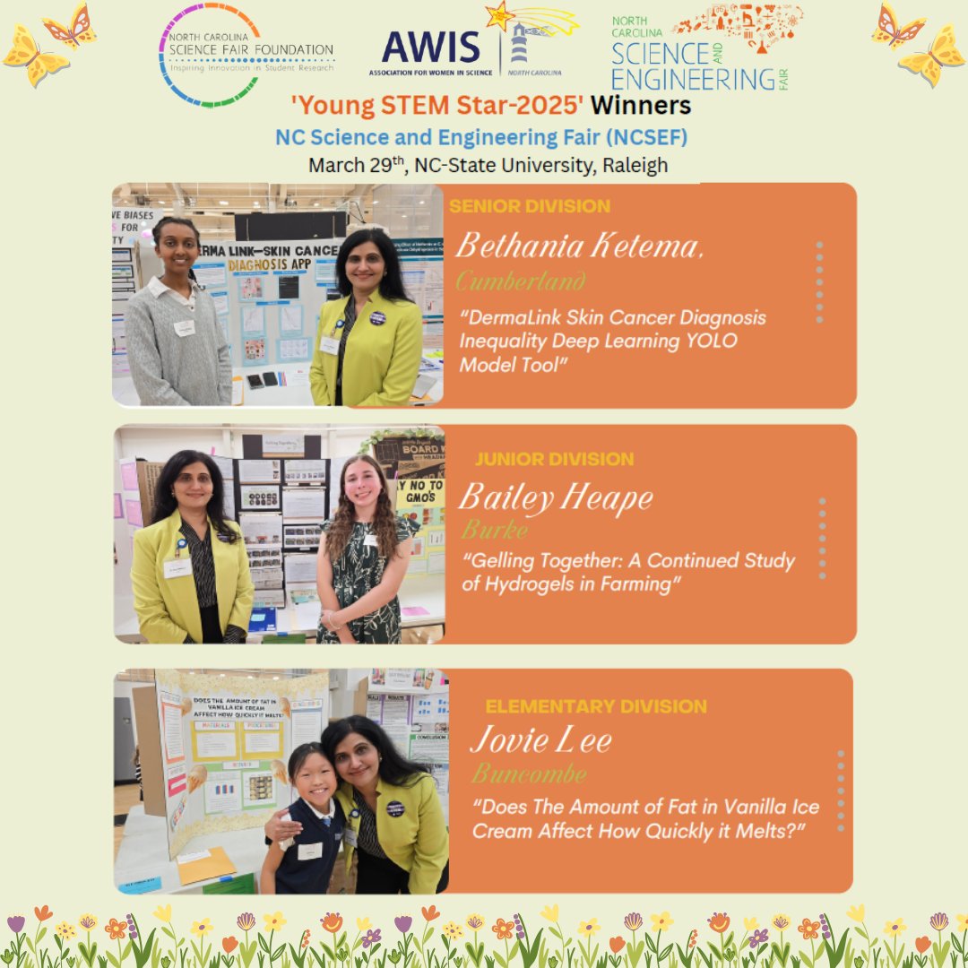 AWIS-North Carolina (@awisnc) on Twitter photo 🌟 Celebrating the 2025 Young STEM Star Award Winners! AWIS-NC honors outstanding female-led projects from underrepresented counties at the NCSEF. These young scientists are breaking barriers in STEM!​
🔗 Learn more: awisnorthcarolina.org/youngstemstara…
#YoungSTEMStar #AWISNC #NCSEF2025 #AWIS 🌟 Celebrating the 2025 Young STEM Star Award Winners! AWIS-NC honors outstanding female-led projects from underrepresented counties at the NCSEF. These young scientists are breaking barriers in STEM!​
🔗 Learn more: awisnorthcarolina.org/youngstemstara…
#YoungSTEMStar #AWISNC #NCSEF2025 #AWIS