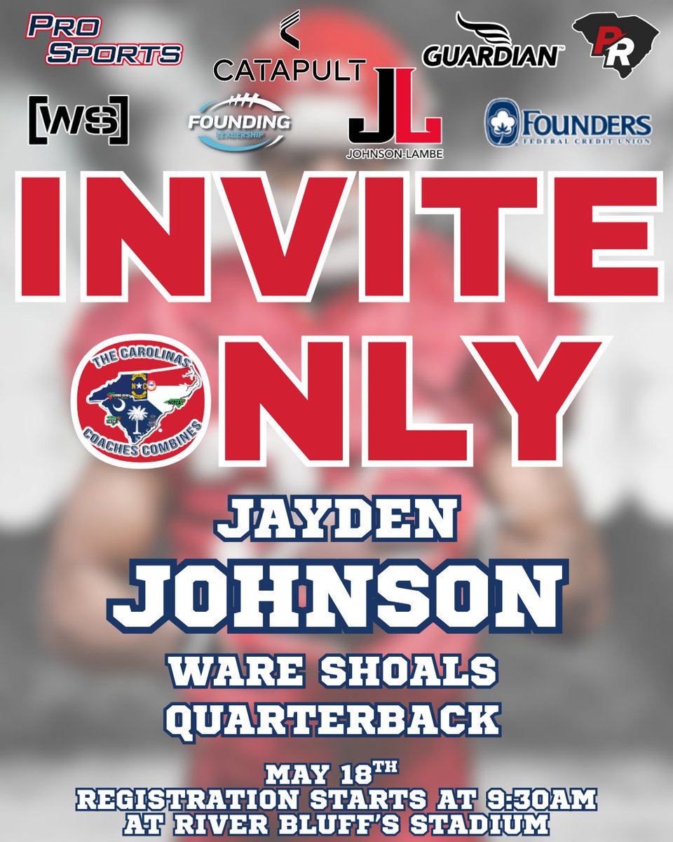Congratulations to Jayden Johnson from <a href="/wshornets/">Ware Shoals Athletics</a> for being selected to attend the Invite-Only Event on May 18 at River Bluff High School! Registration begins at 9:30 AM! 

#CCC2025 @johnsonlambe <a href="/SCFCA1/">SCFCA</a>  <a href="/Dodsons0611/">Coach Dodson</a>