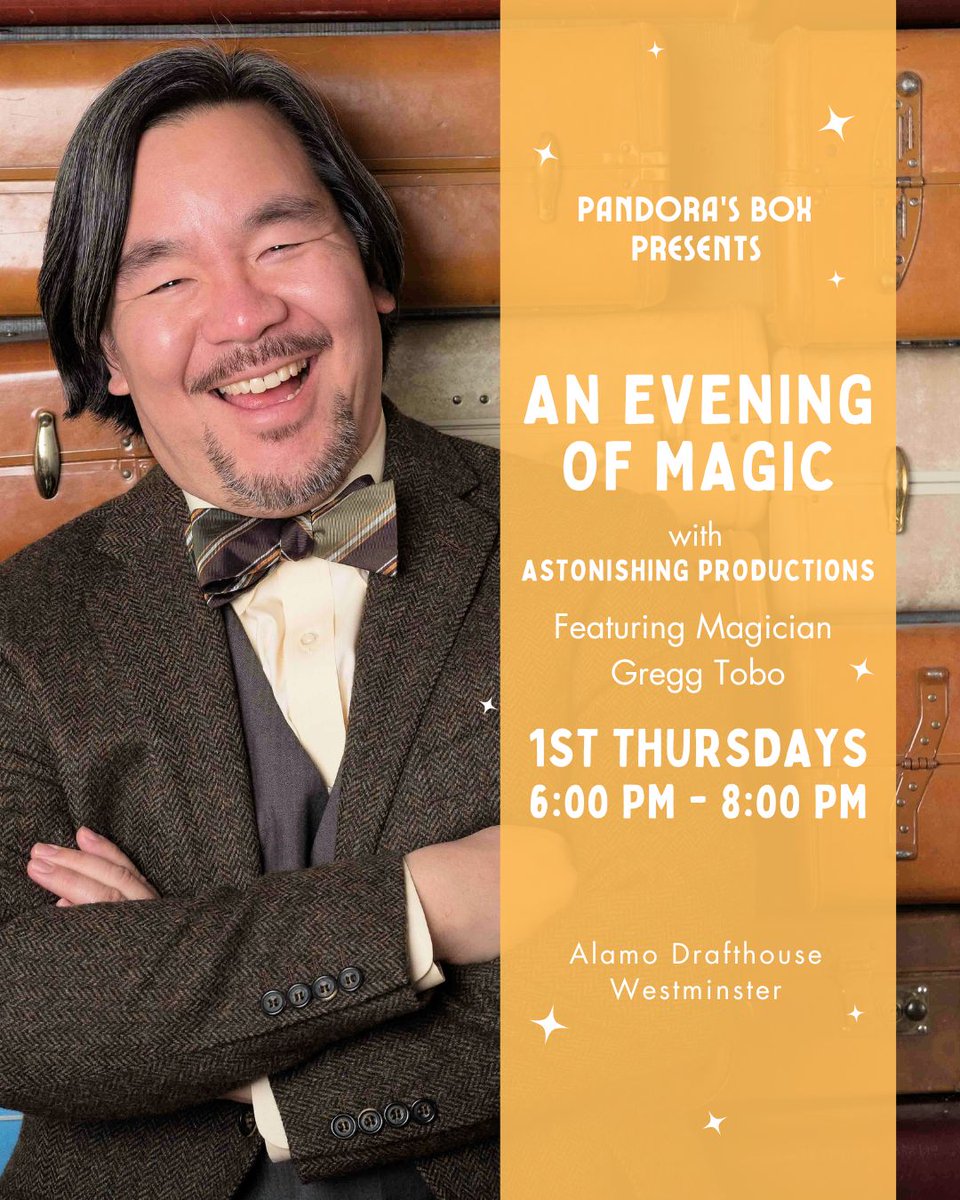 Tonight at Pandora's Box inside Alamo Drafthouse Westminster, join us for a *free*, family-friendly evening of magic performed up close, right under your nose and in your own hands with magician Gregg Tobo.

6pm tonight and every first Thursday of the month.