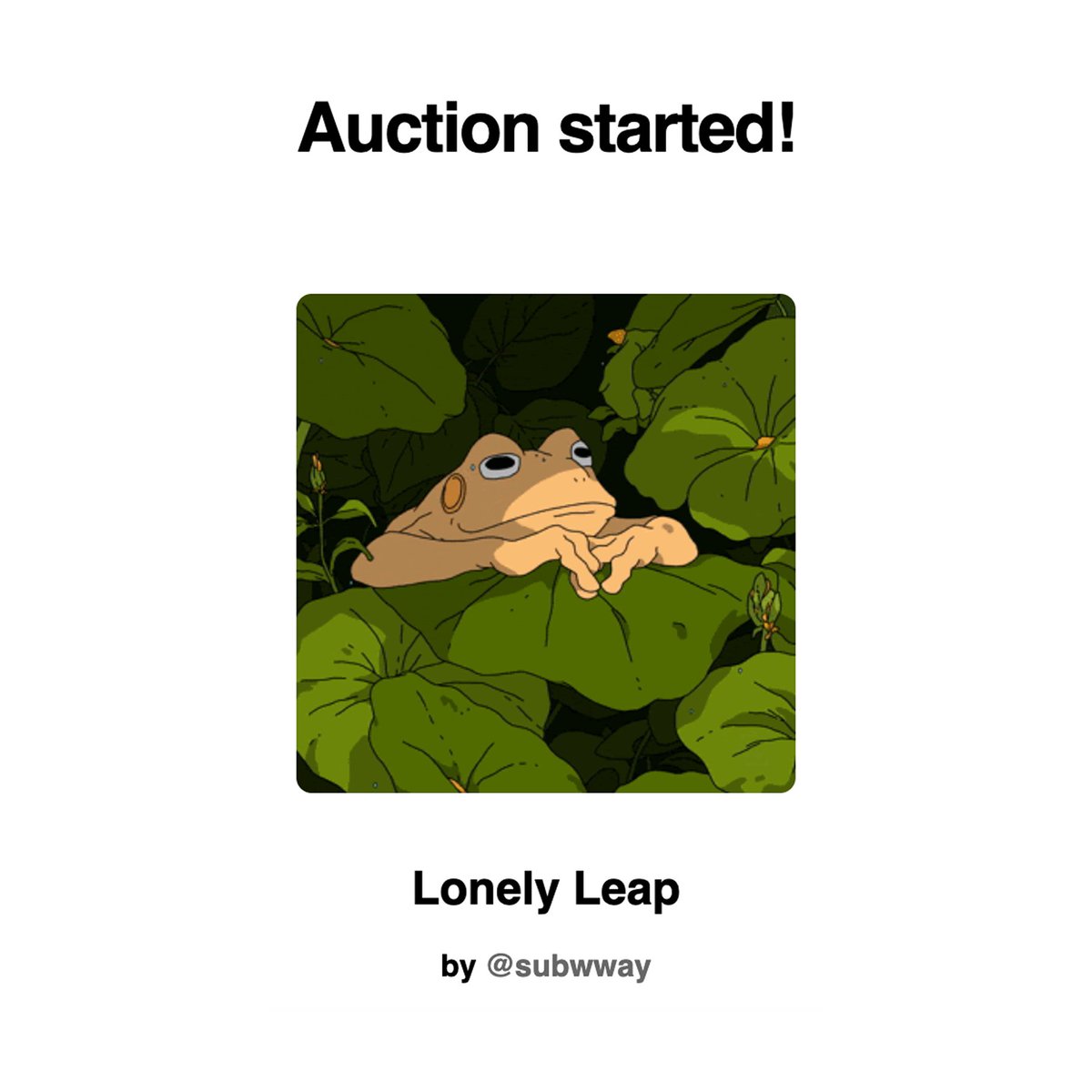 Subwway (@subwwaym) on Twitter photo Auction is liiiiiiiive 🔥
Long time no see, шt's very motivating, thank you <a href="/neat_o_mosquito/">neato.eth 💎🎟️</a> 💚🐸
24h left, 0.1eth on <a href="/foundation/">Foundation 🌐</a> Auction is liiiiiiiive 🔥
Long time no see, шt's very motivating, thank you <a href="/neat_o_mosquito/">neato.eth 💎🎟️</a> 💚🐸
24h left, 0.1eth on <a href="/foundation/">Foundation 🌐</a>