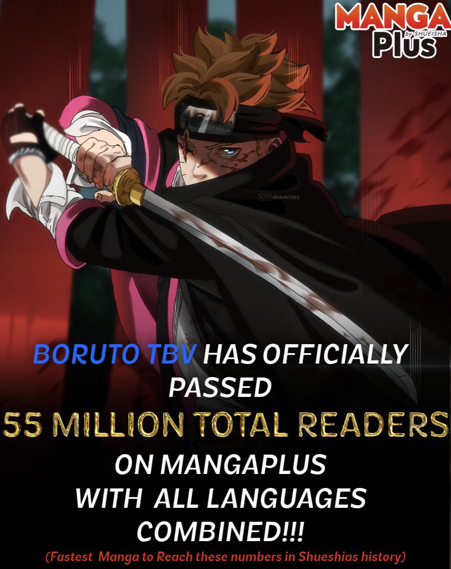 BREAKING: BORUTO TWO BLUE VORTEX HAS SURPASSED 55 MILLION READERS ON MANGA PLUS!!!!🔥🔥🔥🔥🔥💯💯

IN ONLY 21 CHAPTERS, THE FASTEST OUT OF ANY MANGA ON SHUESHIA'S BIGGEST APP👑👑👑👑👑👑👑

#BORUTO #BorutoTwoBlueVortex