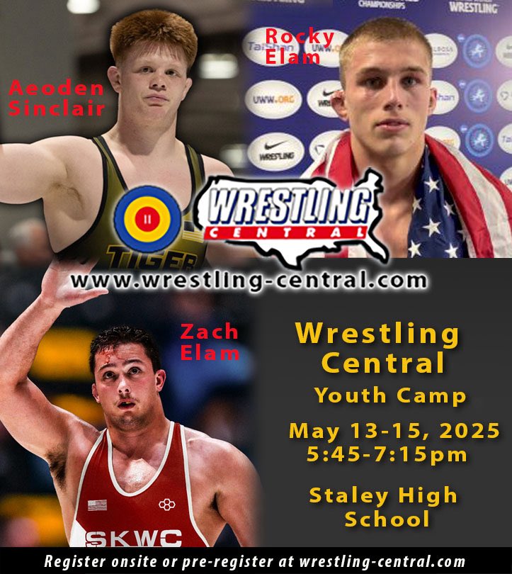 Wrestling Central Freestyle &amp; Youth Camp(s) will be Tuesday, 05/13-Thursday, 05/15, 4:00-5:30pm &amp; 5:45-7:15pm at Staley HS Wrestling room.  You can pre-register at wrestling-central.com or sign up on Tuesday, 05/13, 3:45-4:00pm &amp; 5:30-5:45pm.