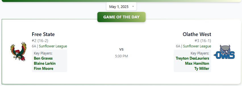 Amyosport KS HS Baseball (@amyosportks) on Twitter photo 🆚Game of the Day🆚
#3 Olathe West <a href="/OlatheWestBSB/">Olathe West Baseball</a>
@
#2 Free State <a href="/LFSHSBaseball/">Free State Baseball</a> 🆚Game of the Day🆚
#3 Olathe West <a href="/OlatheWestBSB/">Olathe West Baseball</a>
@
#2 Free State <a href="/LFSHSBaseball/">Free State Baseball</a>