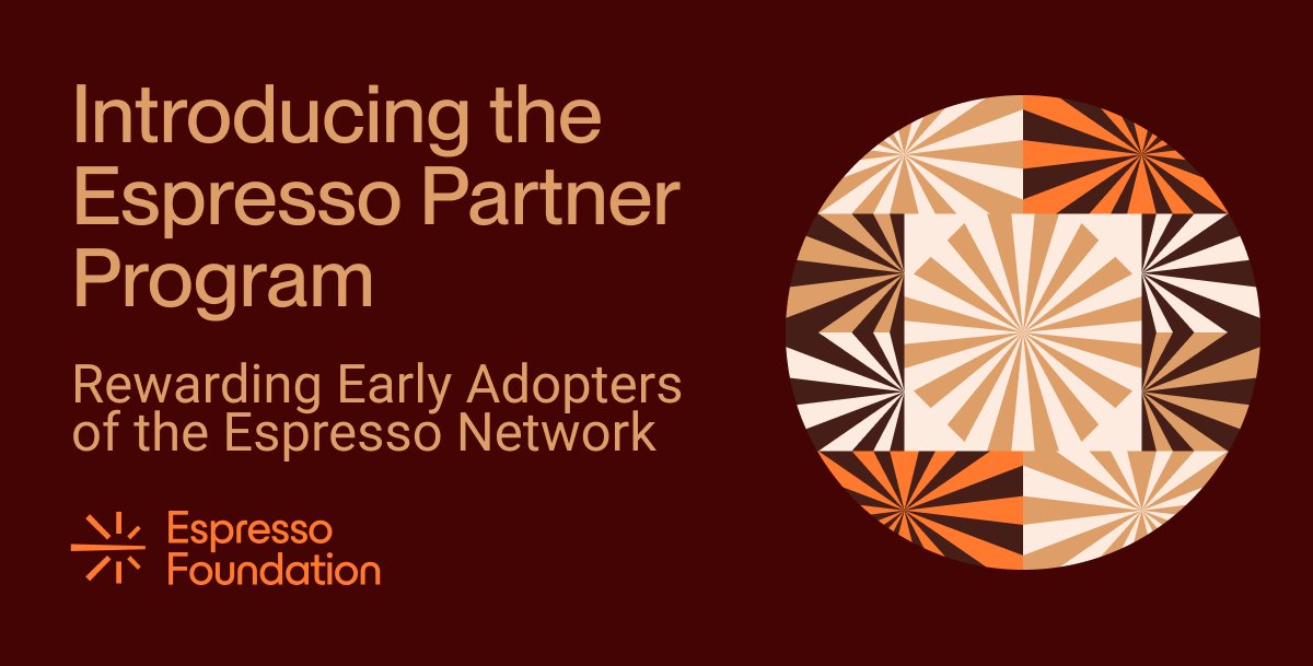 espressoFNDN's tweet photo. Today we're unveiling the Espresso Partner Program, designed to recognize &amp; reward forward-looking teams who are pursuing integration with the Espresso Network.

Early adopters who build with us deserve more than just technical benefits—they deserve to share in our success. https://t.co/BqJWcN9m2T