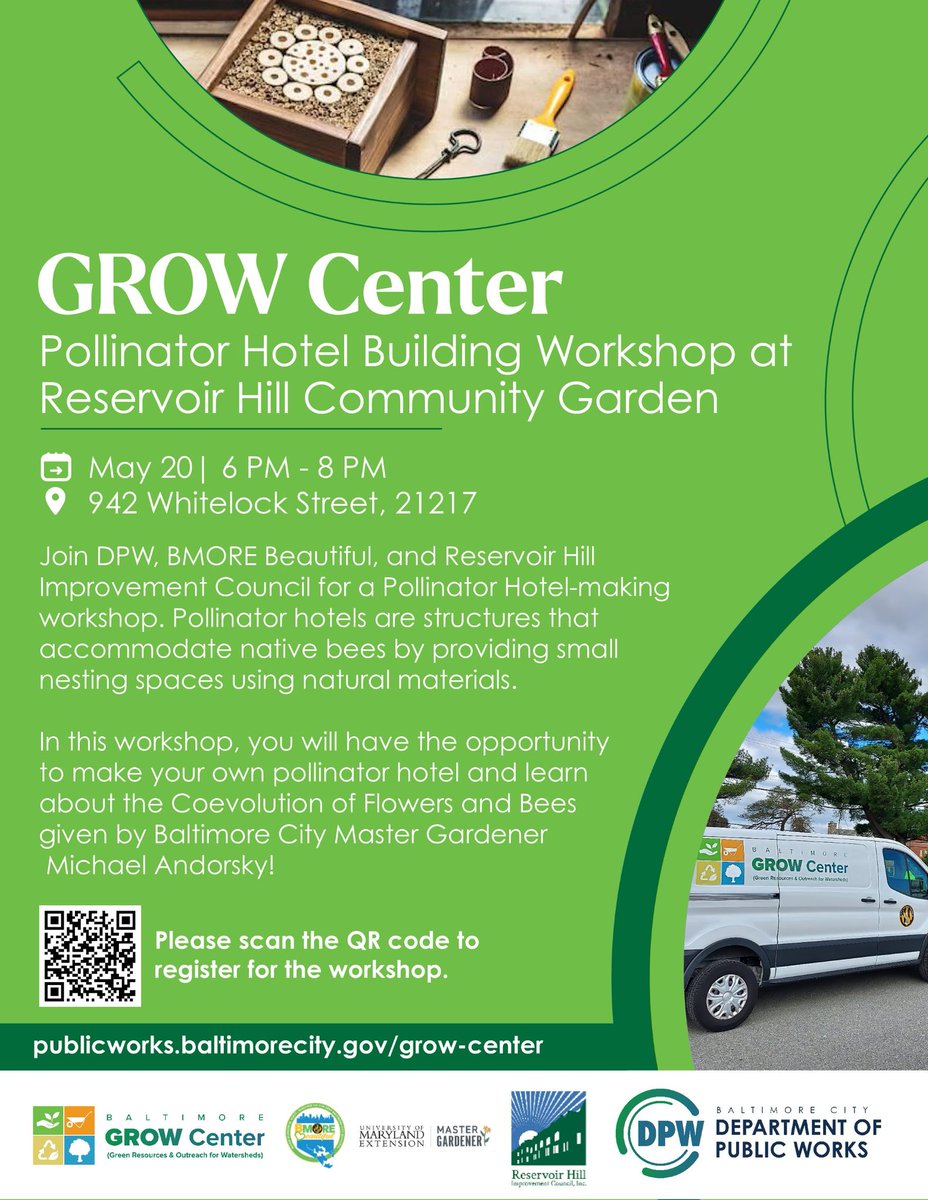 Join DPW, BMORE Beautiful, &amp; Reservoir Hill Improvement Council on May 20th for a Pollinator Hotel-making workshop, where you'll make your own pollinator hotel &amp; learn about the Coevolution of Flowers and Bees given by Baltimore City Master Gardener Michael Andorsky! 🐝🦋🏨