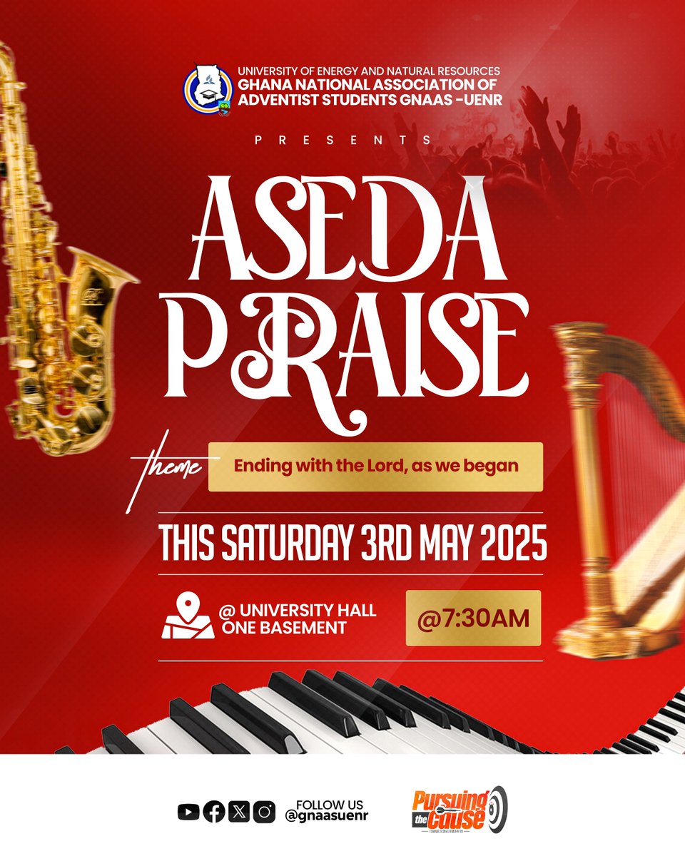 🙌🎷 ASEDA PRAISE IS HERE! 🎹🎺
Let everything that has breath PRAISE THE LORD! 🎶
Join the GNAAS-UENR family for ASEDA PRAISE 2025 — a powerful night of thanksgiving &amp; exaltation! 💥
Let’s praise our King with joy &amp; gratitude! 🙏✨ #AsedaPraise2025 #PraiseNight