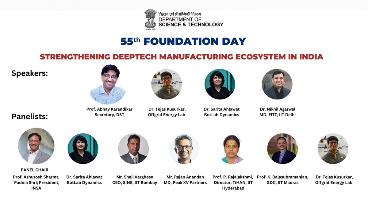 On the occasion of 55th Foundation Day of <a href="/IndiaDST/">DSTIndia</a>, a Panel Discussion on “Strengthening DeepTech Manufacturing Ecosystem in India” is being organised with esteemed experts from various crucial domains!

Join us live at 2:30 PM on 2nd May, 2025 ➡️
shorturl.at/JXNRL