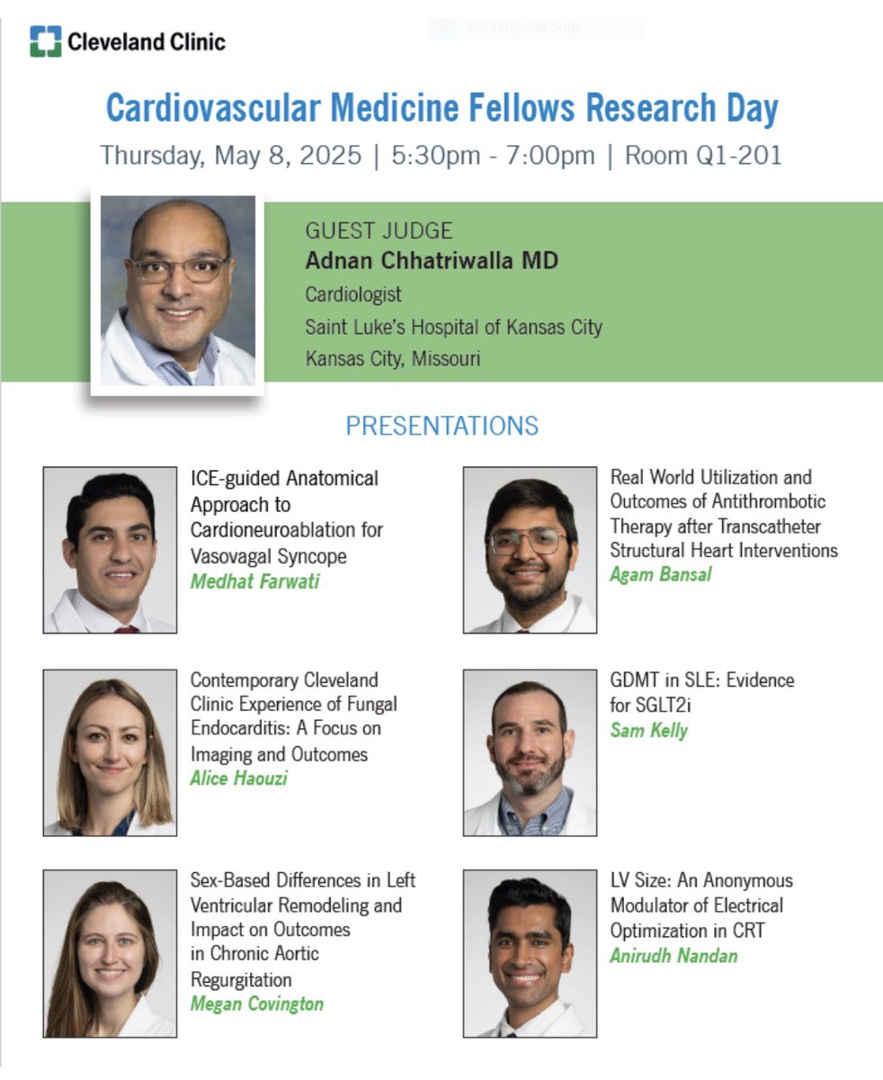 CCF Cardiology Fellows (@ccfcards) on Twitter photo We’re excited to celebrate our finalists’ research presentations on May 8! We’re also looking forward to welcoming CCF Cards alum <a href="/akcmahi/">Adnan Chhatriwalla</a> back to Cleveland for this special occasion!
<a href="/venumenon10/">venu menon</a> <a href="/CleClinicHVTI/">Cleveland Clinic Heart, Vascular & Thoracic</a> <a href="/LarsSvenssonMD/">Lars Svensson</a> <a href="/tavrkapadia/">Samir Kapadia</a> We’re excited to celebrate our finalists’ research presentations on May 8! We’re also looking forward to welcoming CCF Cards alum <a href="/akcmahi/">Adnan Chhatriwalla</a> back to Cleveland for this special occasion!
<a href="/venumenon10/">venu menon</a> <a href="/CleClinicHVTI/">Cleveland Clinic Heart, Vascular & Thoracic</a> <a href="/LarsSvenssonMD/">Lars Svensson</a> <a href="/tavrkapadia/">Samir Kapadia</a>