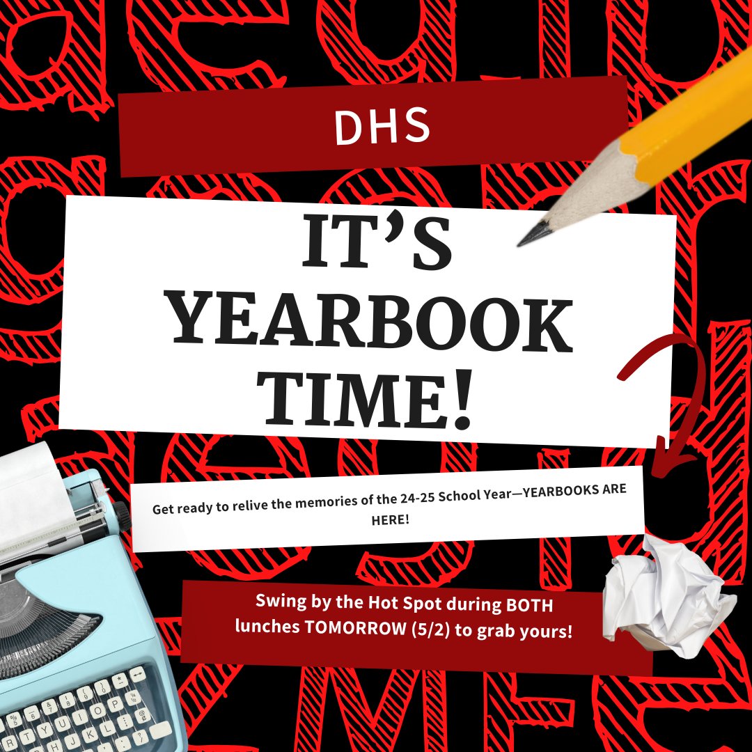 🔥 IT’S YEARBOOK TIME! 🔥

The moment you’ve all been waiting for is finally here—our 2024–2025 Yearbooks have arrived! 🙌

📅 When: TOMORROW – Thursday, May 2nd
🕛 Where: The Hot Spot
🍕 Time: Both lunches