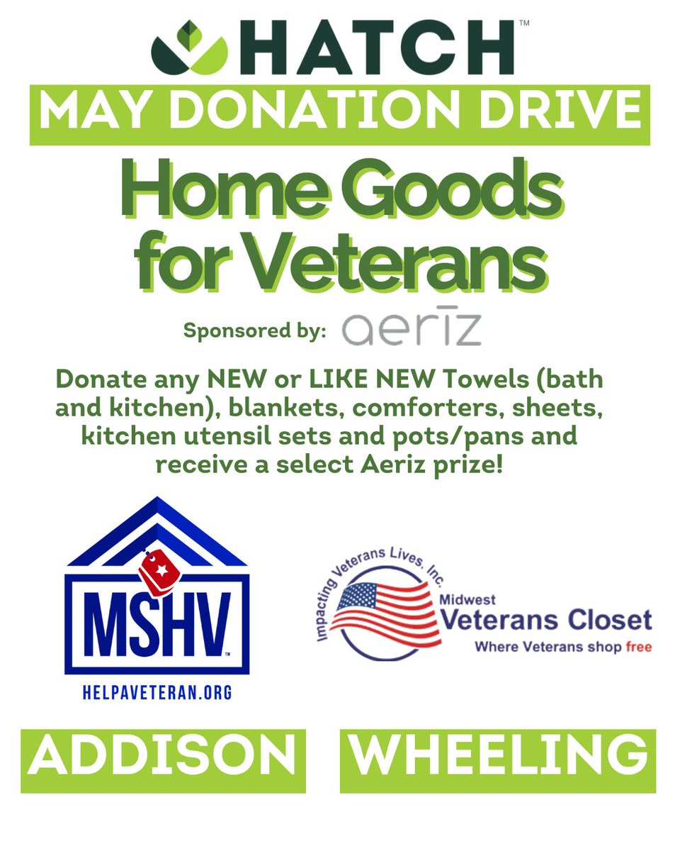 HatchDispensary's tweet photo. Give Back & Get Lifted  This May, we're honoring our veterans with a donation drive that makes a difference.
 As a thank you, receive a select penny 1g aerīz pre-r0ll with your donation! One redemption per person/day
 $25 minimum purchase to qualify
 Bring in any NEW or LIKE NEW:
Towels (bath or kitchen)
Blankets, comforters & sheets
Kitchen utensil sets
Pots & pans
 Donations at Hatch Addison support Help a Veteran  Organization
 Donations at Hatch Wheeling go to Midwest Veterans Closet
Let’s support those who’ve served—together. 
#Gohatch #HatchGivesBack #VeteransSupport #Illinois #AddisonIllinois #WheelingIllinois