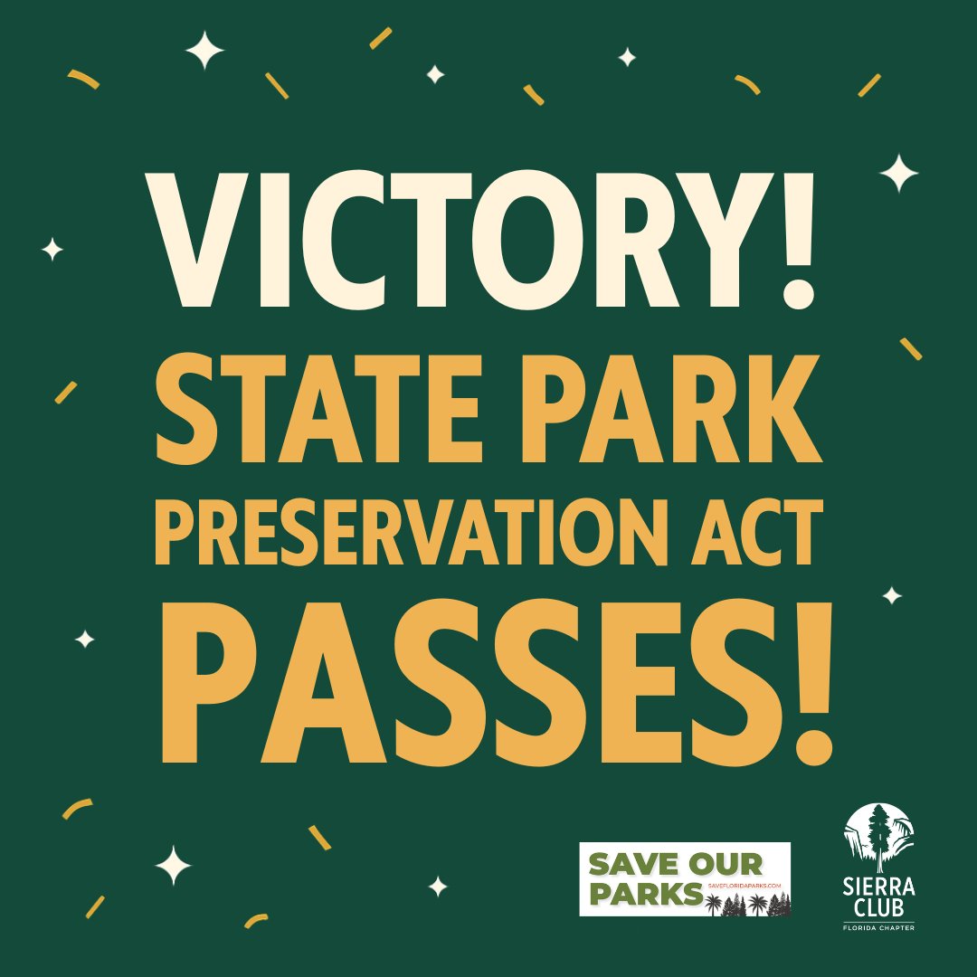 WE DID IT! 🎉🎉🎉

Today, the Florida Legislature passed the State Park Preservation Act – marking a monumental victory for the permanent protection of Florida’s state parks and wild places.

None of this would have been possible without YOU. From rallies and protests, to