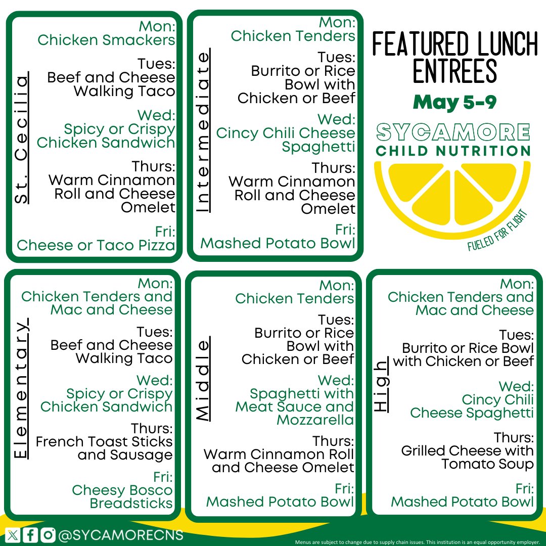Sycamore Child Nutrition (@sycamorecns) on Twitter photo Lunchtime fun awaits at our cafeterias! See you soon, scholars!
Please see our complete menu on our website: myschoolmenus.com/organizations/…
*Menus are subject to change due to supply chain issues. Thank you for your patience and understanding!
<a href="/SycamoreSchools/">Sycamore Schools</a> #WeAreAviators Lunchtime fun awaits at our cafeterias! See you soon, scholars!
Please see our complete menu on our website: myschoolmenus.com/organizations/…
*Menus are subject to change due to supply chain issues. Thank you for your patience and understanding!
<a href="/SycamoreSchools/">Sycamore Schools</a> #WeAreAviators