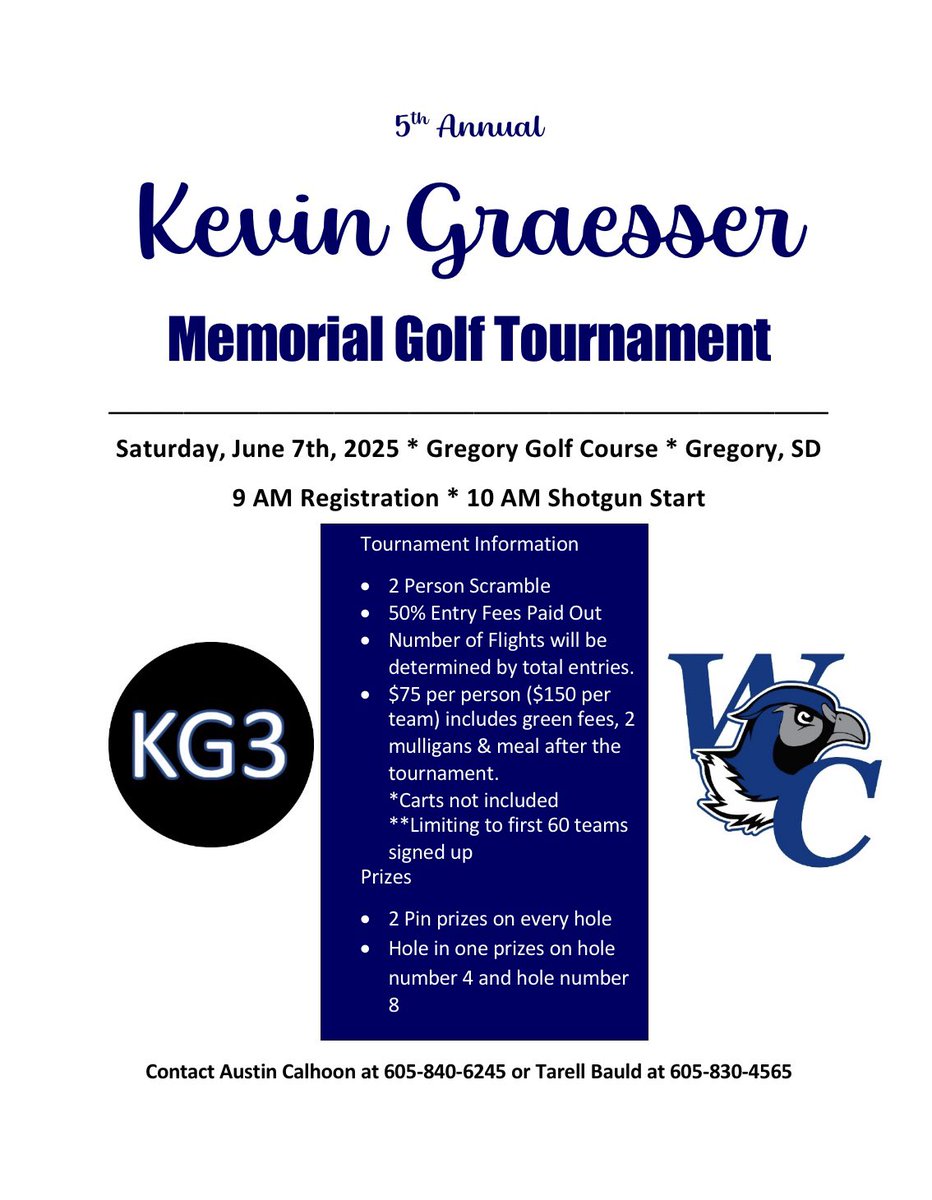 ‼️GOOD TIME BOUND TO HAPPEN‼️

Get signed up for the 5th Annual Kevin Graesser Memorial Golf Tourament held on June 7th in Gregory! Full details are found below 👇🏼 #gococks #KG3
