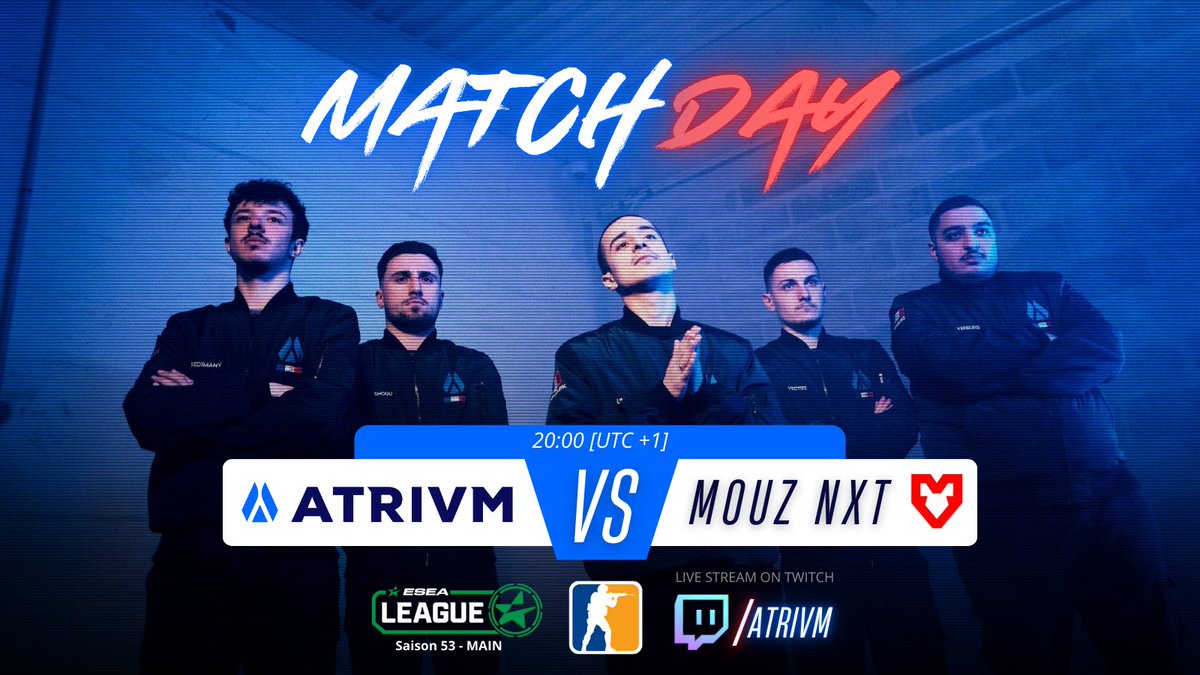👀 Rendez-vous à 20:00 sur twitch.tv/ATRIVM pour notre match <a href="/ESEA/">ESEA League</a> contre l’académie de <a href="/mousesports/">MOUZ</a>.

Venez nous supporter 💙 
Let’s go!