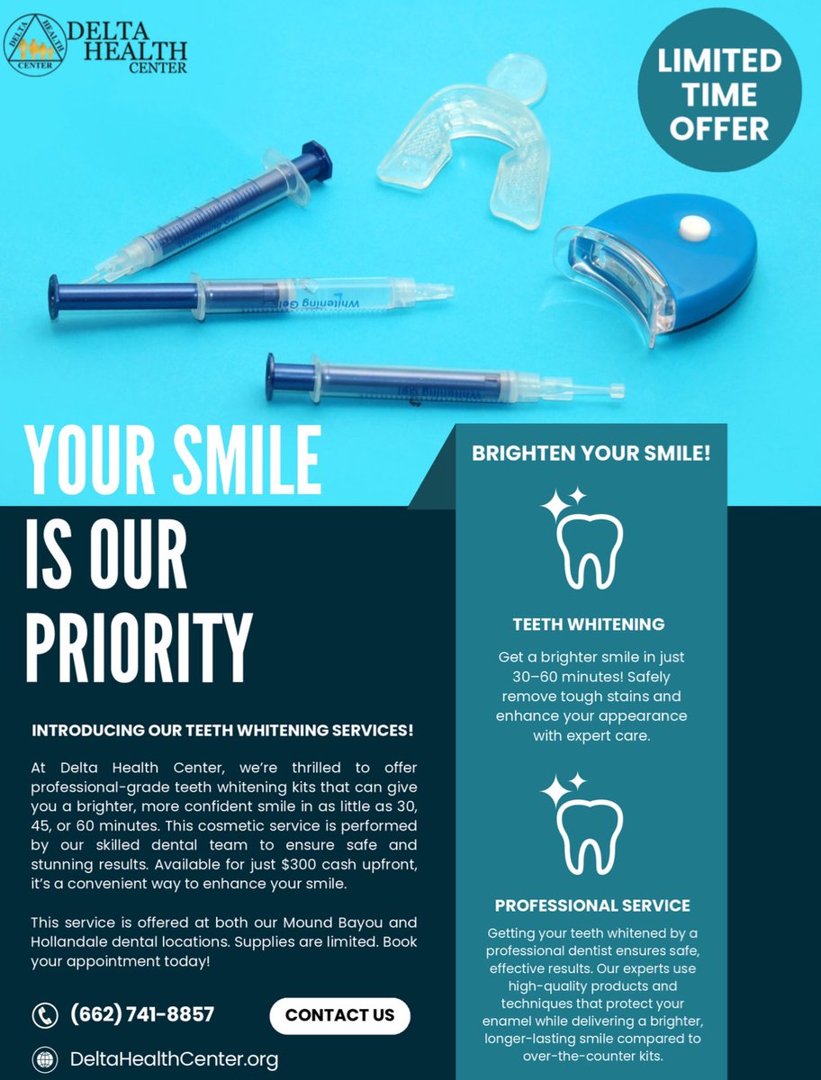 🦷✨ YOUR SMILE IS OUR PRIORITY ✨🦷
Introducing our Teeth Whitening Services at Delta Health Center!

💰 Only $300 (cash upfront)
📍 Available at Mound Bayou &amp; Hollandale dental locations
📞 Book now – supplies are limited!
📲 (662) 741-8857
🌐 DeltaHealthCenter.org