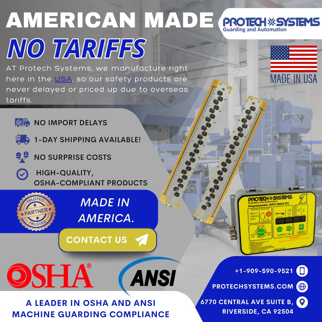 Safetyprotech's tweet photo. At Protech Systems , there are no tariffs.  Protech Systems is proud to provide machine guarding solutions with quality, American made products. 

#osha #machineguarding #machineguards #machinesafety https://t.co/imEgE60m52