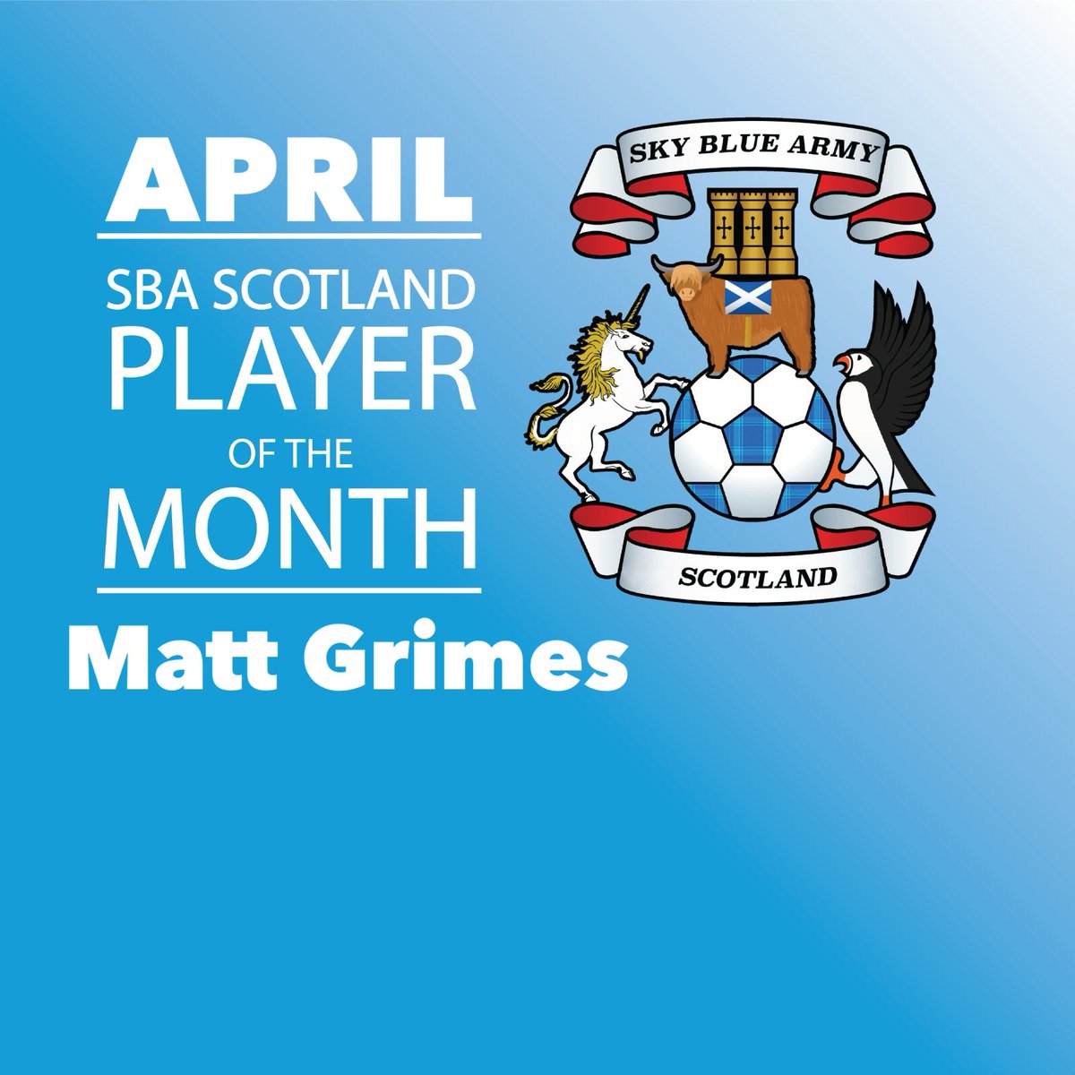 Your Sky Blue Army Scotland Player Of The Month for April is. 🥁🥁🥁
Matt Grimes
Well done Matt keep up the great work.
#PUSB #SBA