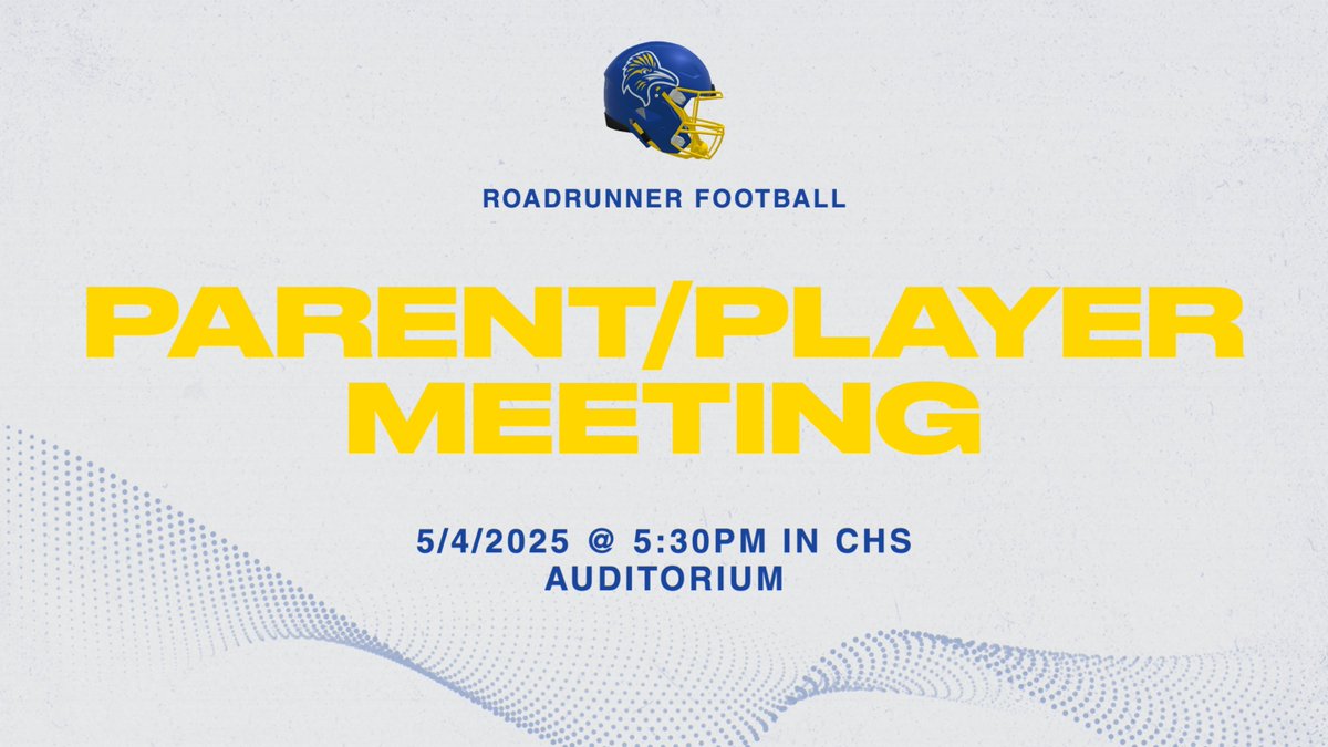We will host a meeting for football parents and players to discuss summer plans. Our Riddell representative will be present for those interested in purchasing helmets and/or shoulder pads for their players.

📆: 5/4/2025
🕚: 5:30 PM
📍: CHS Auditorium